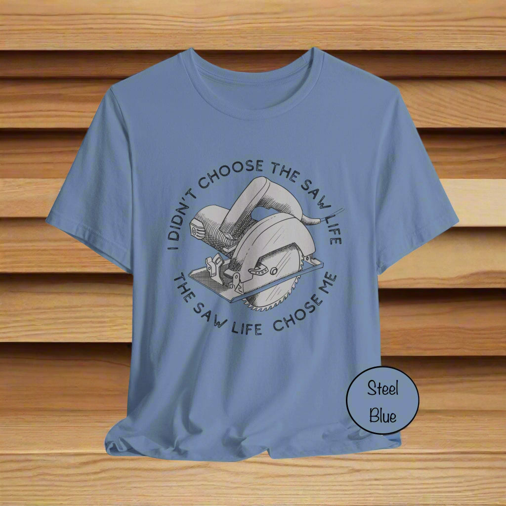 Blue t-shirt with a graphic and text on a light gray background
