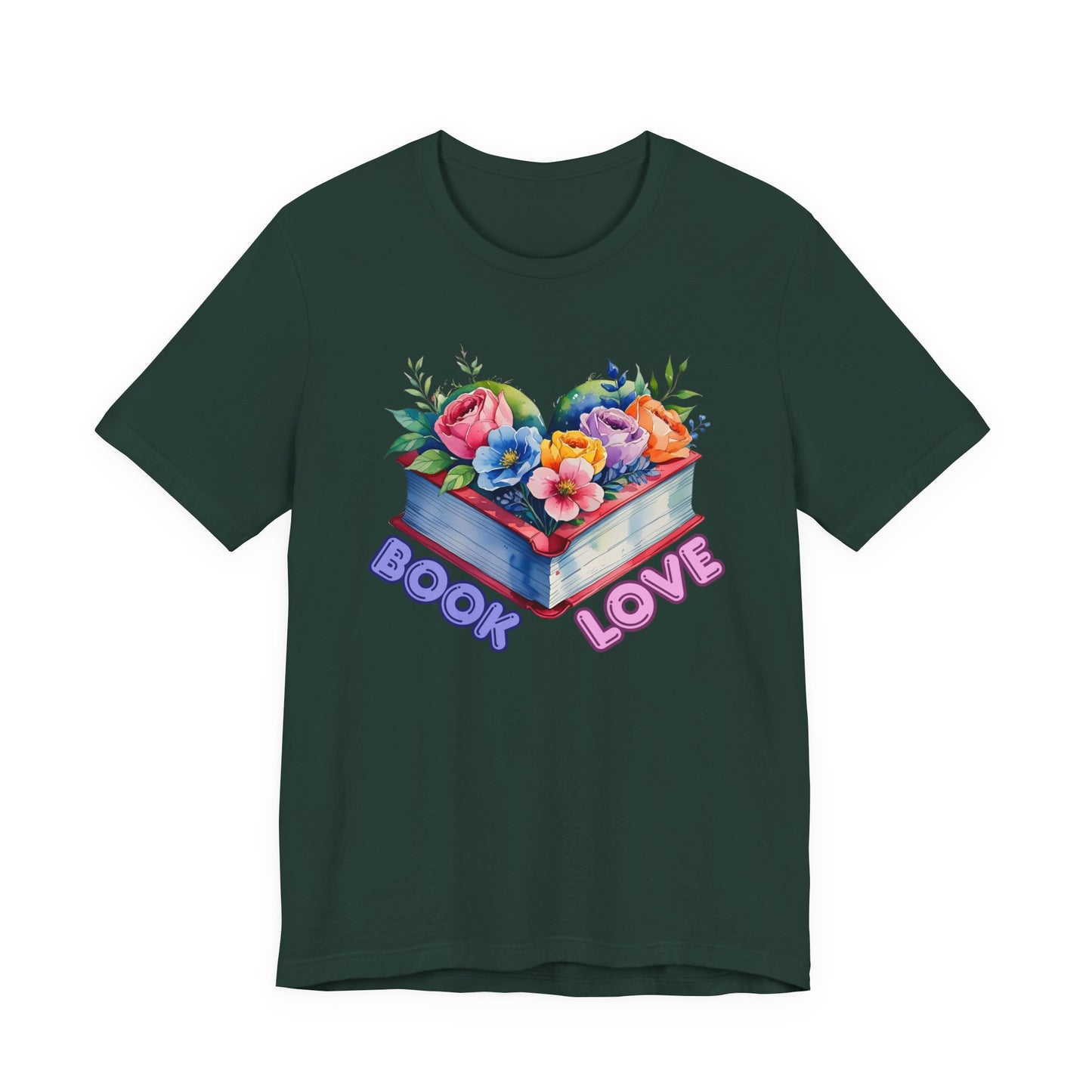Dark green t-shirt with 'Book Love' design featuring flowers on a white background