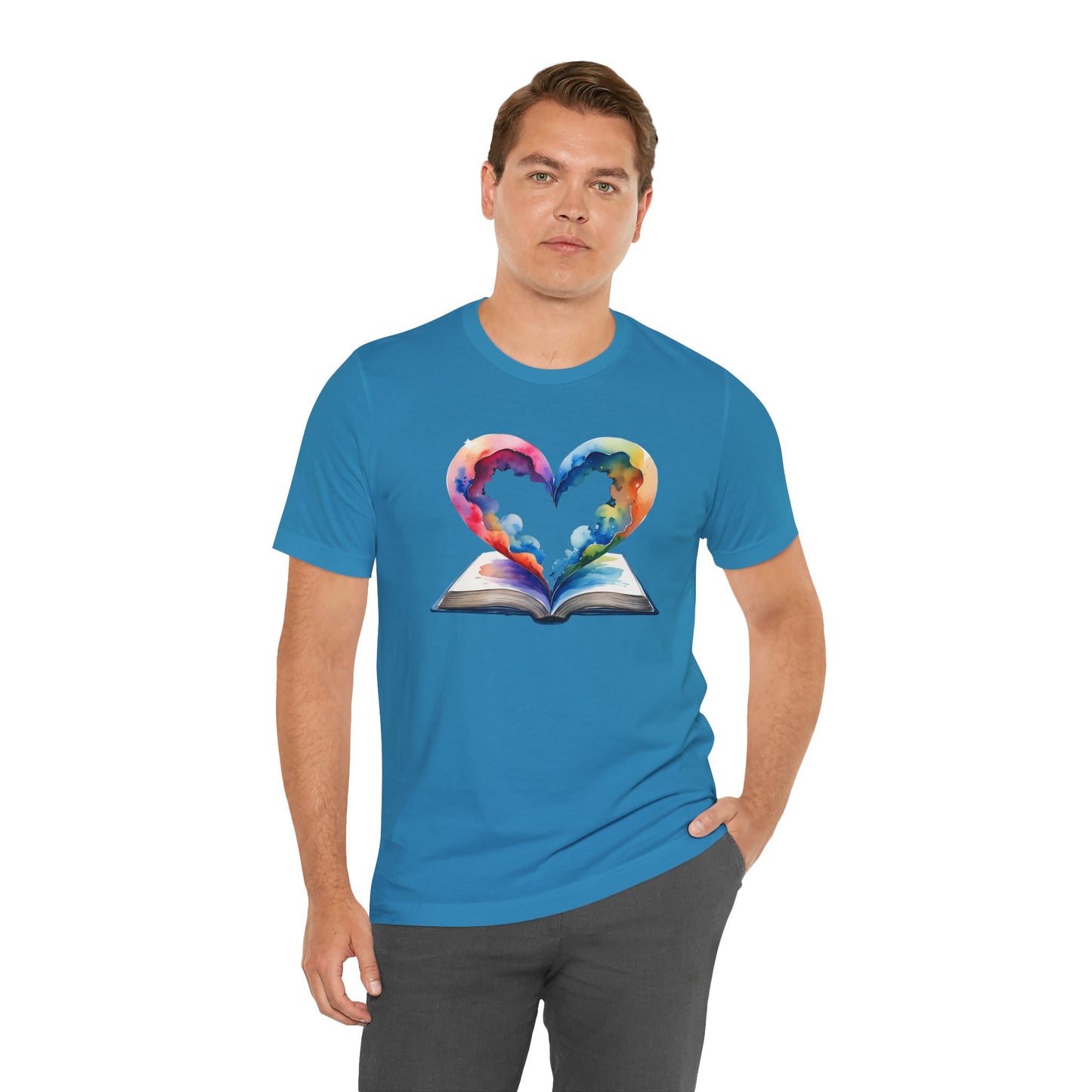 Colorful Book-Love Tee in Heart Shaped Watercolors with Space Cloud Vibes