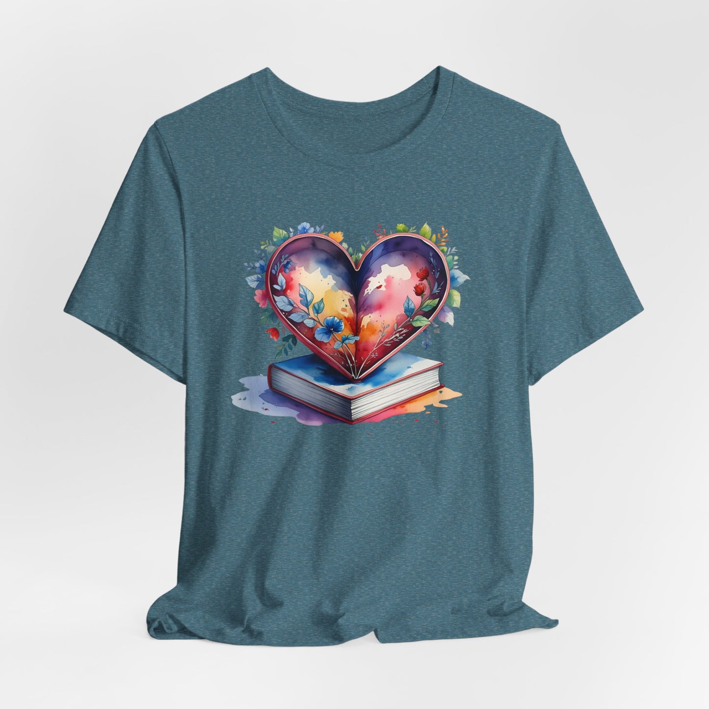 Colorful Floral Book-Love Tee With Watercolor Heart Design