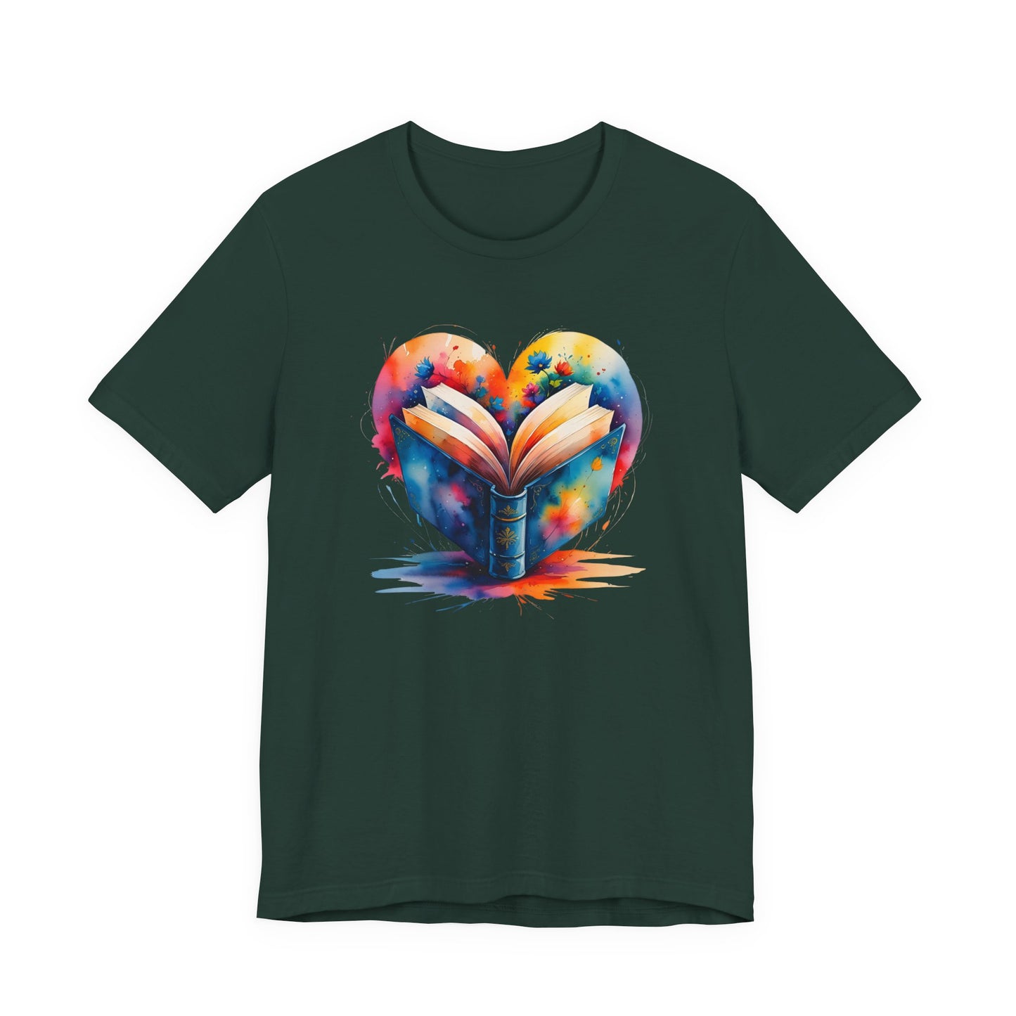 Dark green t-shirt with a colorful heart-shaped book design on a white background