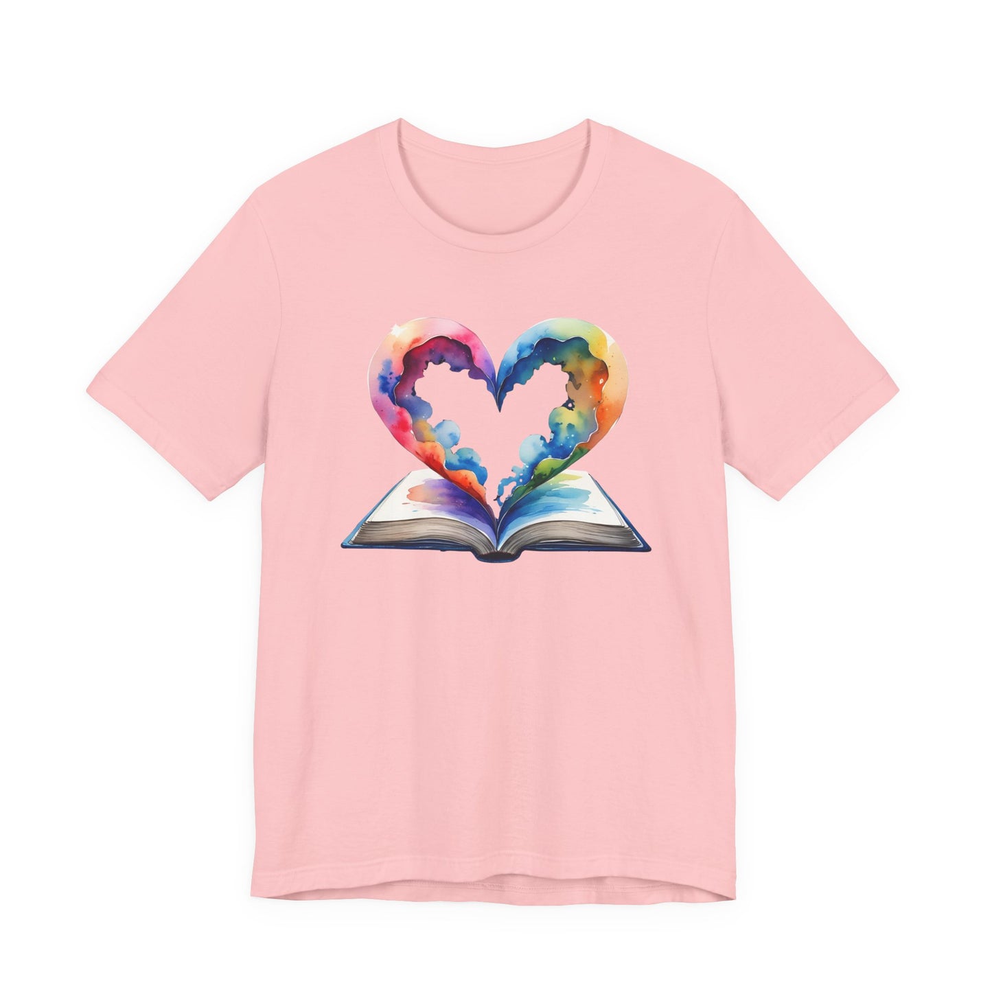 Colorful Book-Love Tee in Heart Shaped Watercolors with Space Cloud Vibes
