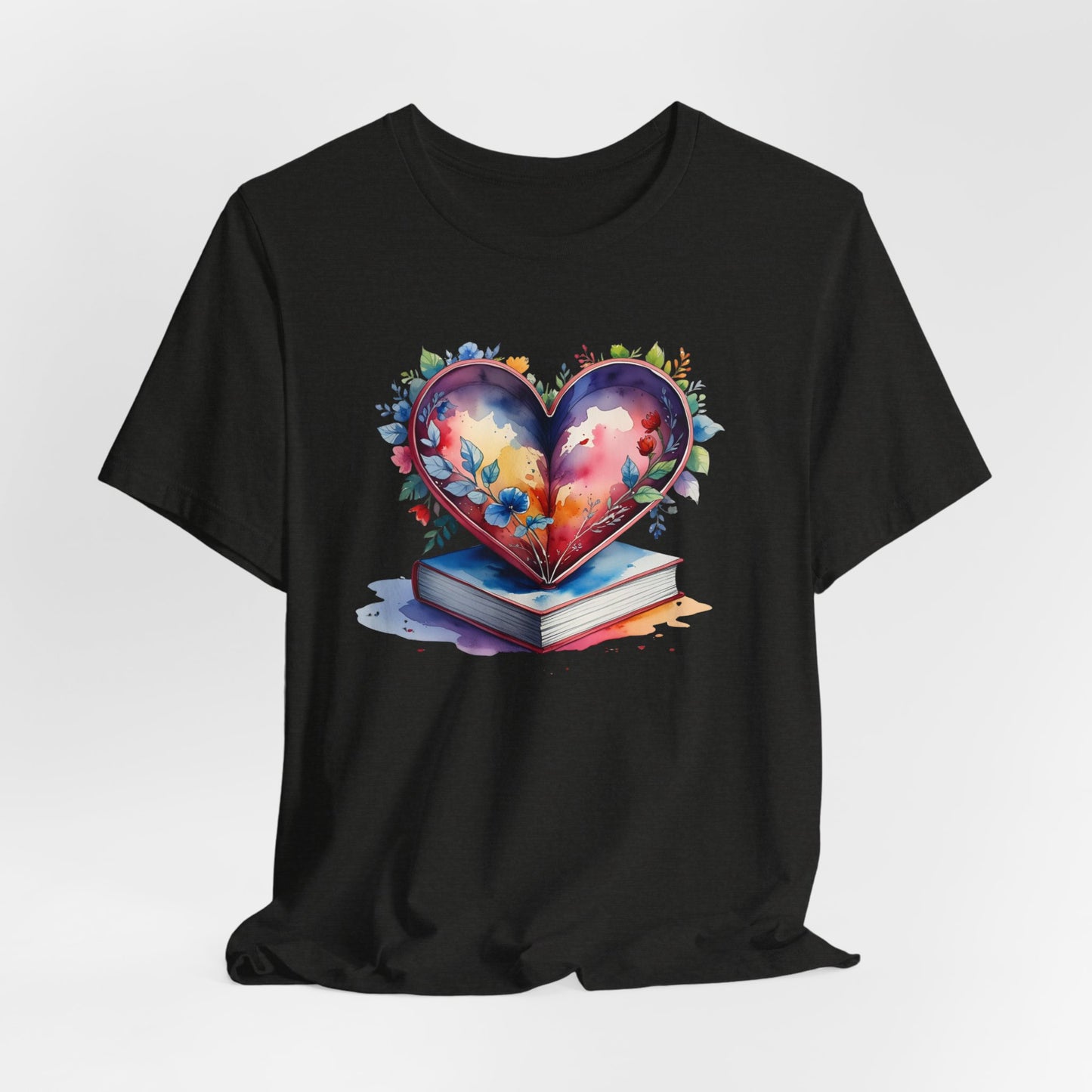 Colorful Floral Book-Love Tee With Watercolor Heart Design
