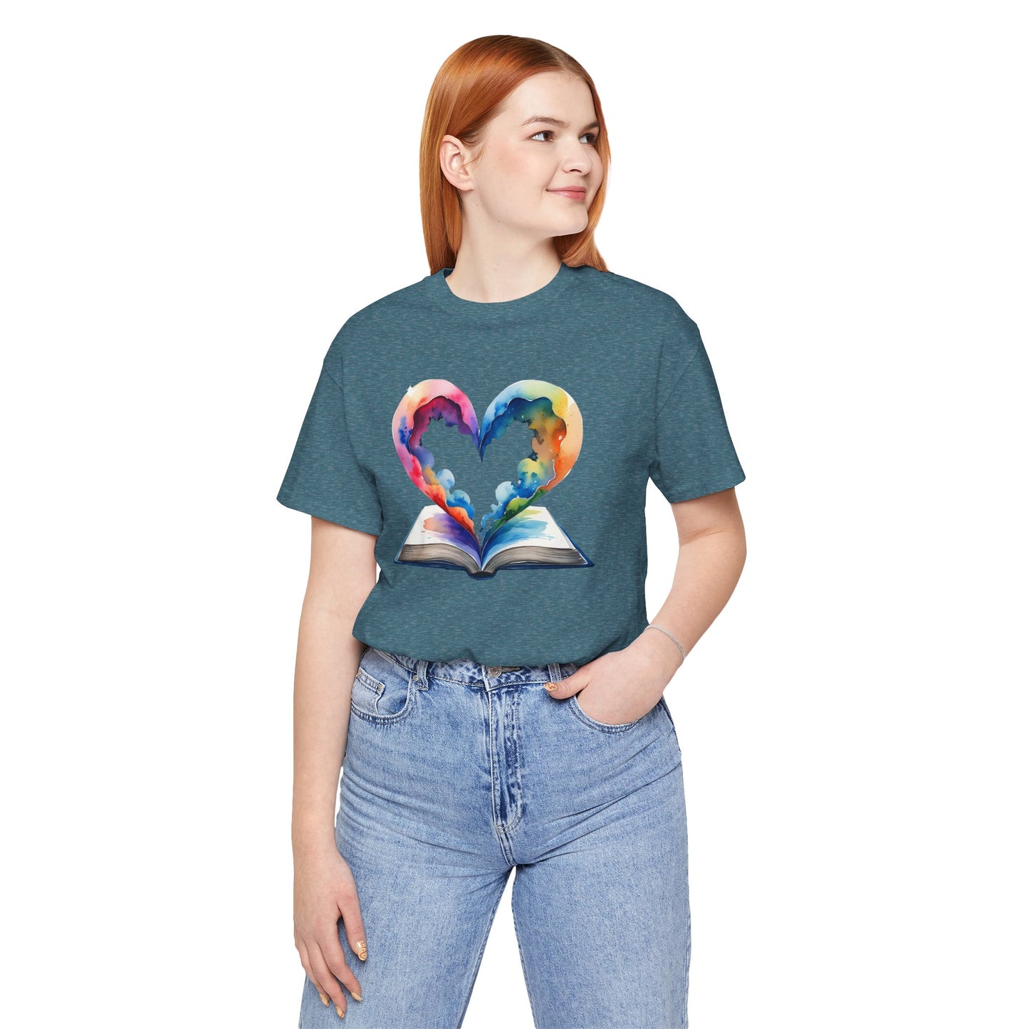 Colorful Book-Love Tee in Heart Shaped Watercolors with Space Cloud Vibes