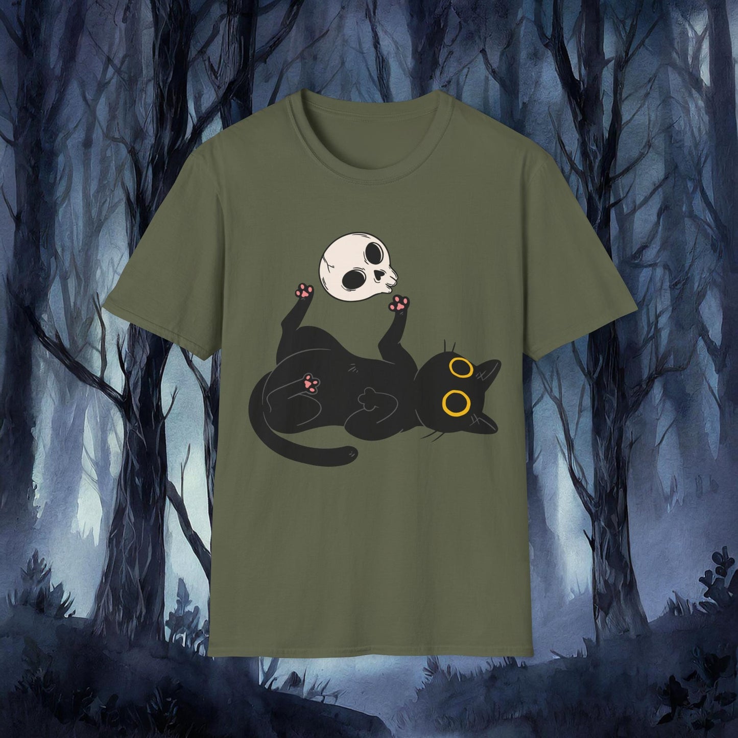 Green t-shirt with a black cat and skull design against a forest background