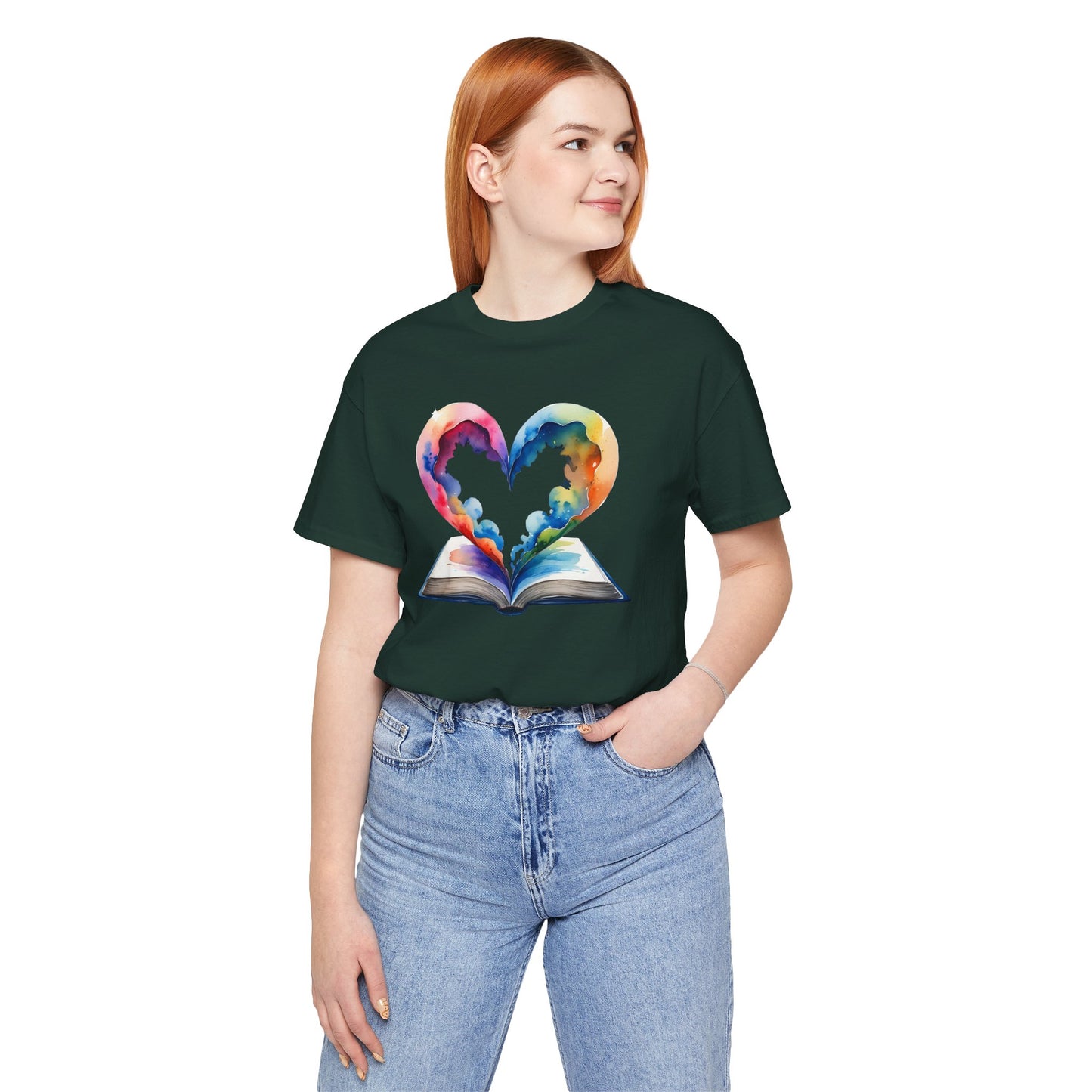 Colorful Book-Love Tee in Heart Shaped Watercolors with Space Cloud Vibes
