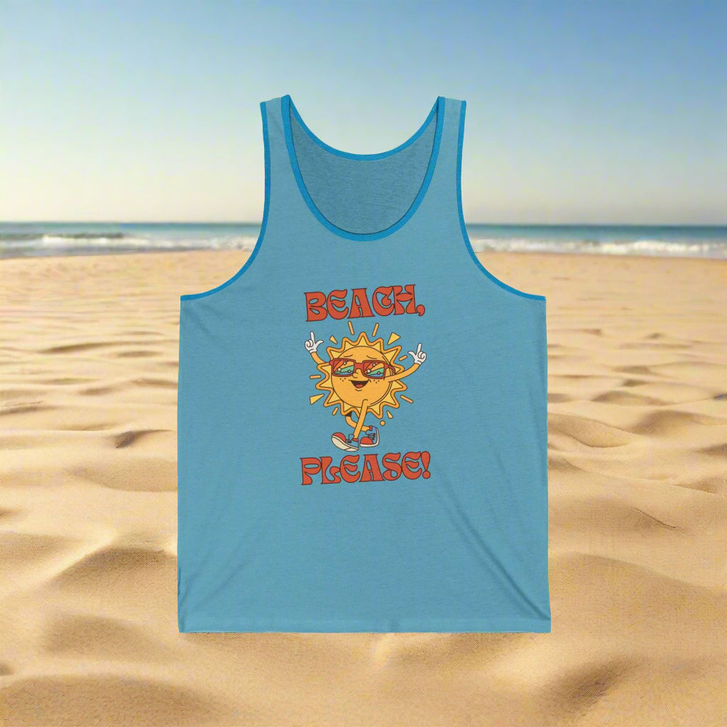 Blue tank top with a sun graphic and 'Beach, Please!' text on a beach background