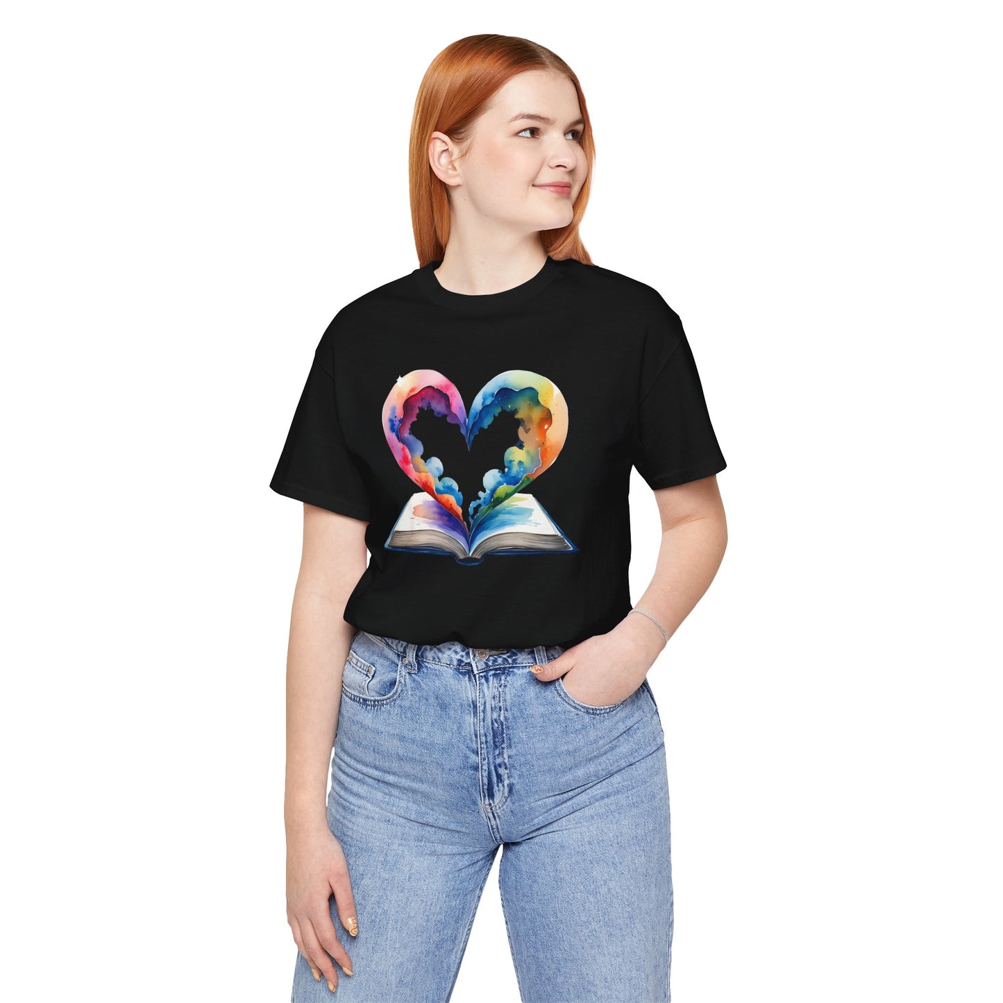 Colorful Book-Love Tee in Heart Shaped Watercolors with Space Cloud Vibes