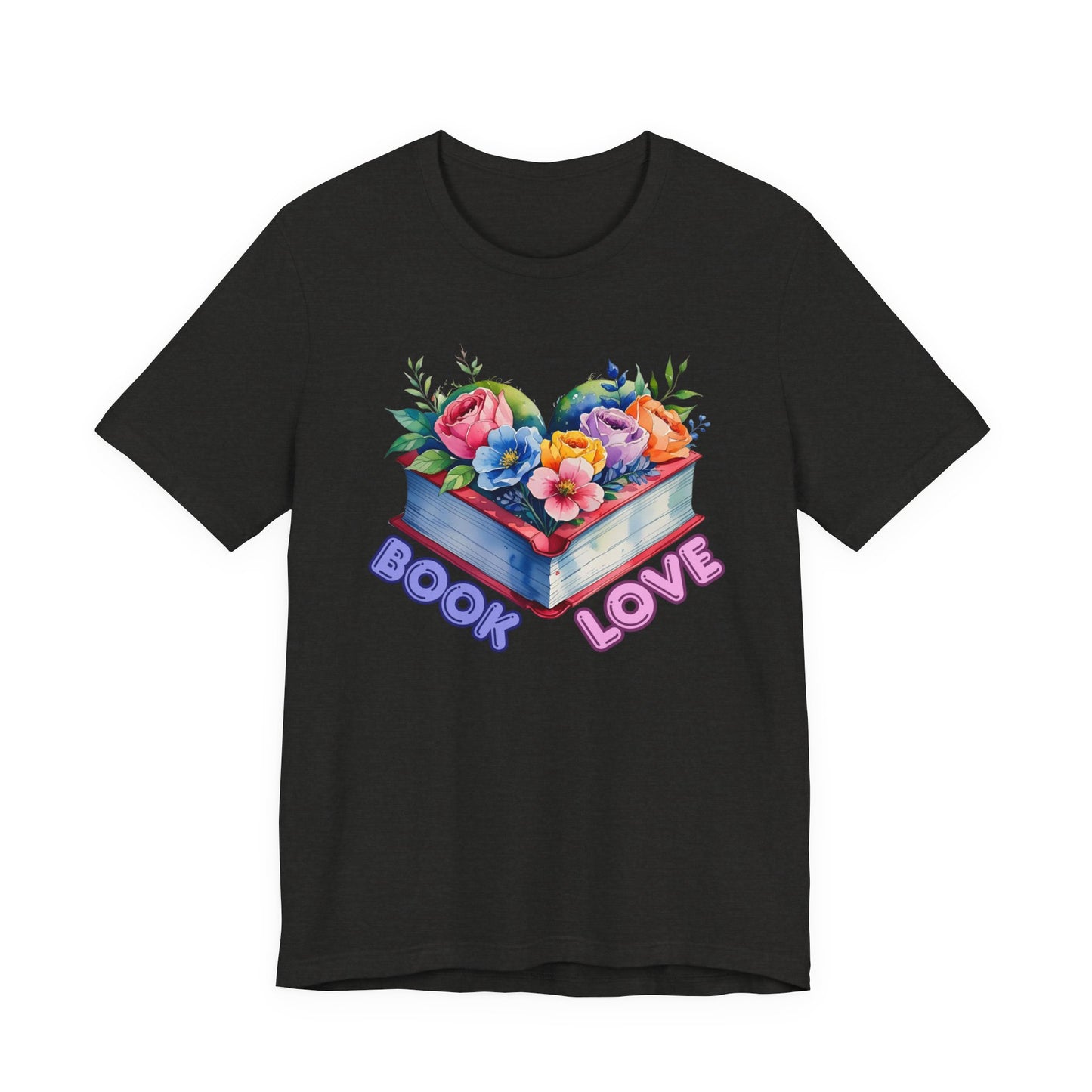 Black t-shirt with colorful floral design and 'Book Love' text on a white background