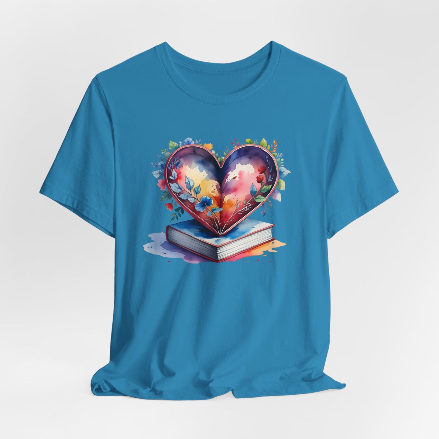 Colorful Floral Book-Love Tee With Watercolor Heart Design