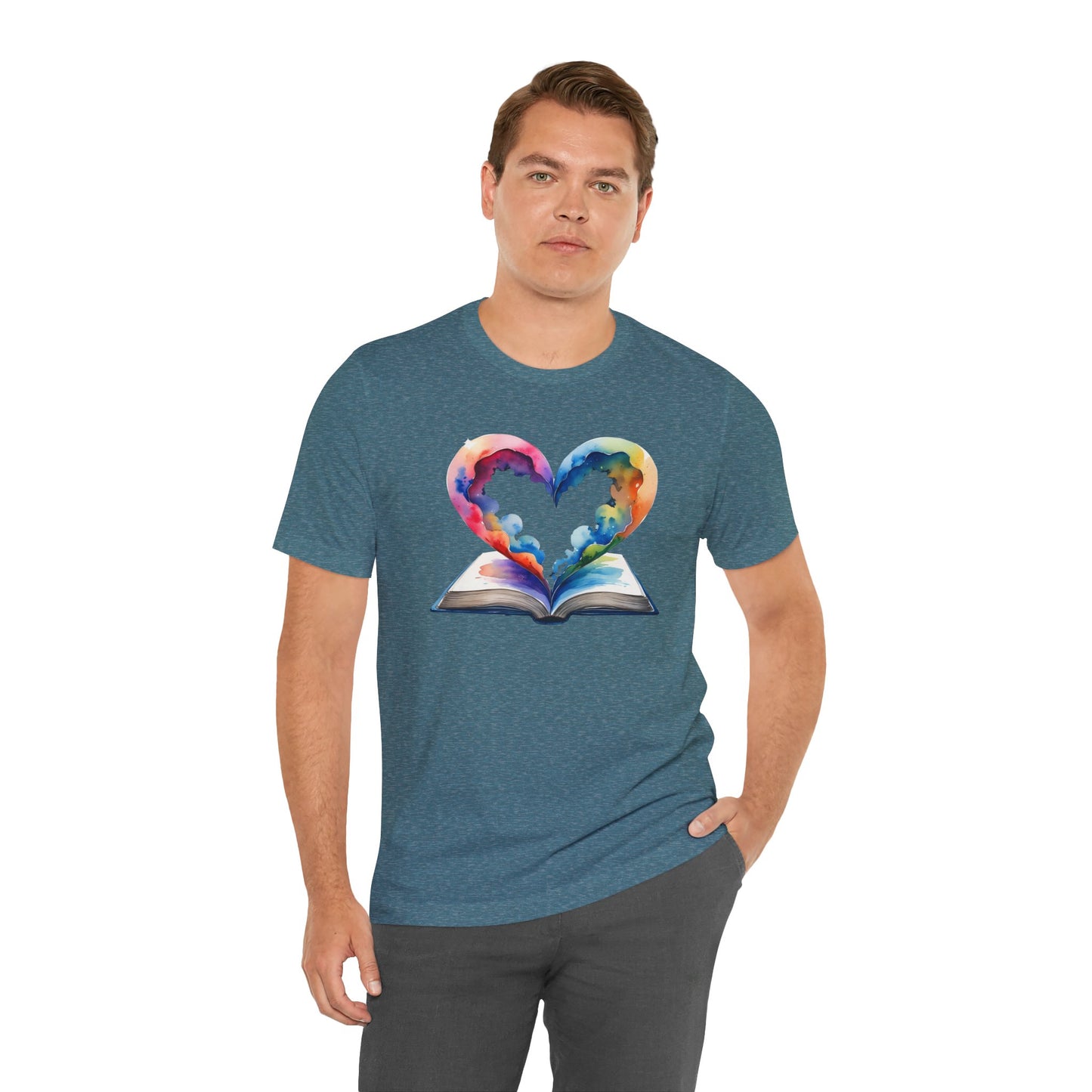Colorful Book-Love Tee in Heart Shaped Watercolors with Space Cloud Vibes