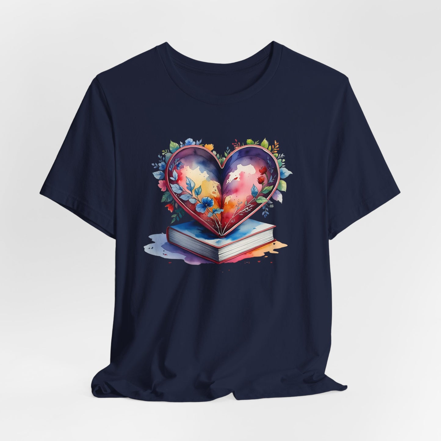 Colorful Floral Book-Love Tee With Watercolor Heart Design