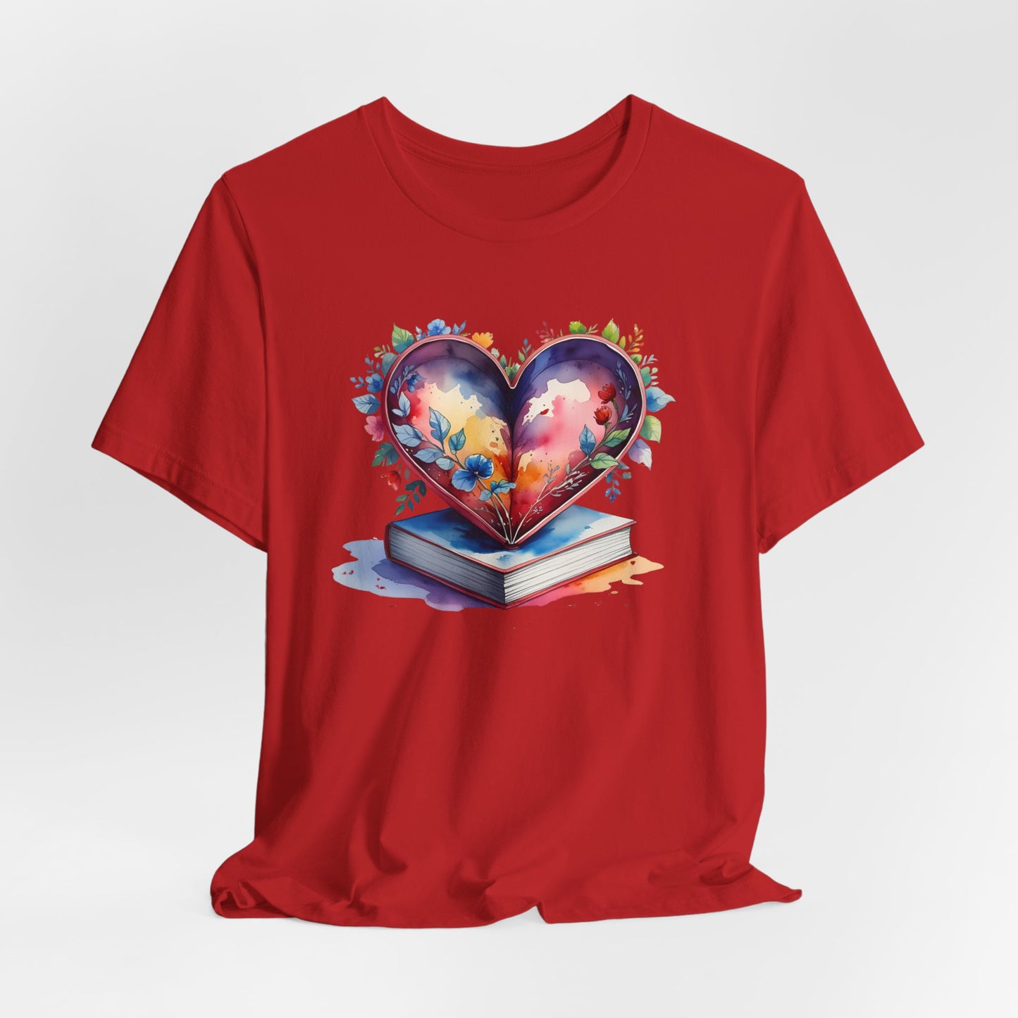 Colorful Floral Book-Love Tee With Watercolor Heart Design