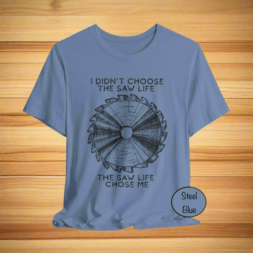 Steel blue t-shirt with saw blade graphic and text on a light gray background