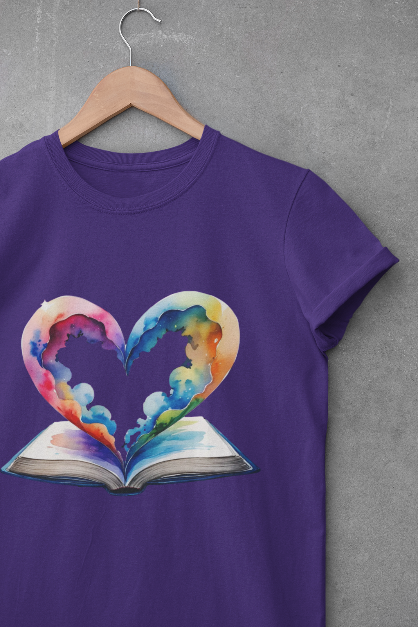 Colorful Book-Love Tee in Heart Shaped Watercolors with Space Cloud Vibes