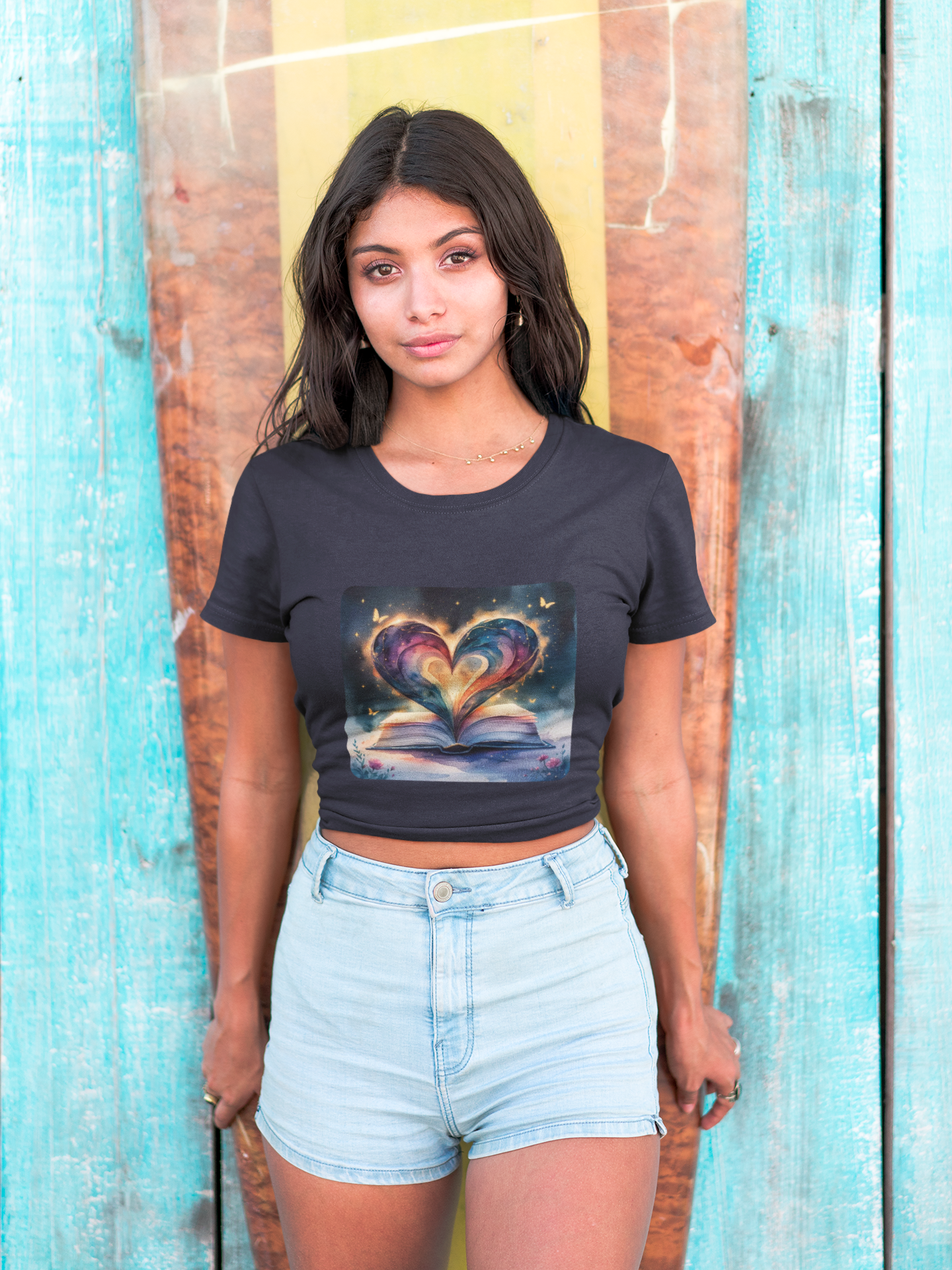 Colorful Watercolor Book Lover with Heart Design Tee