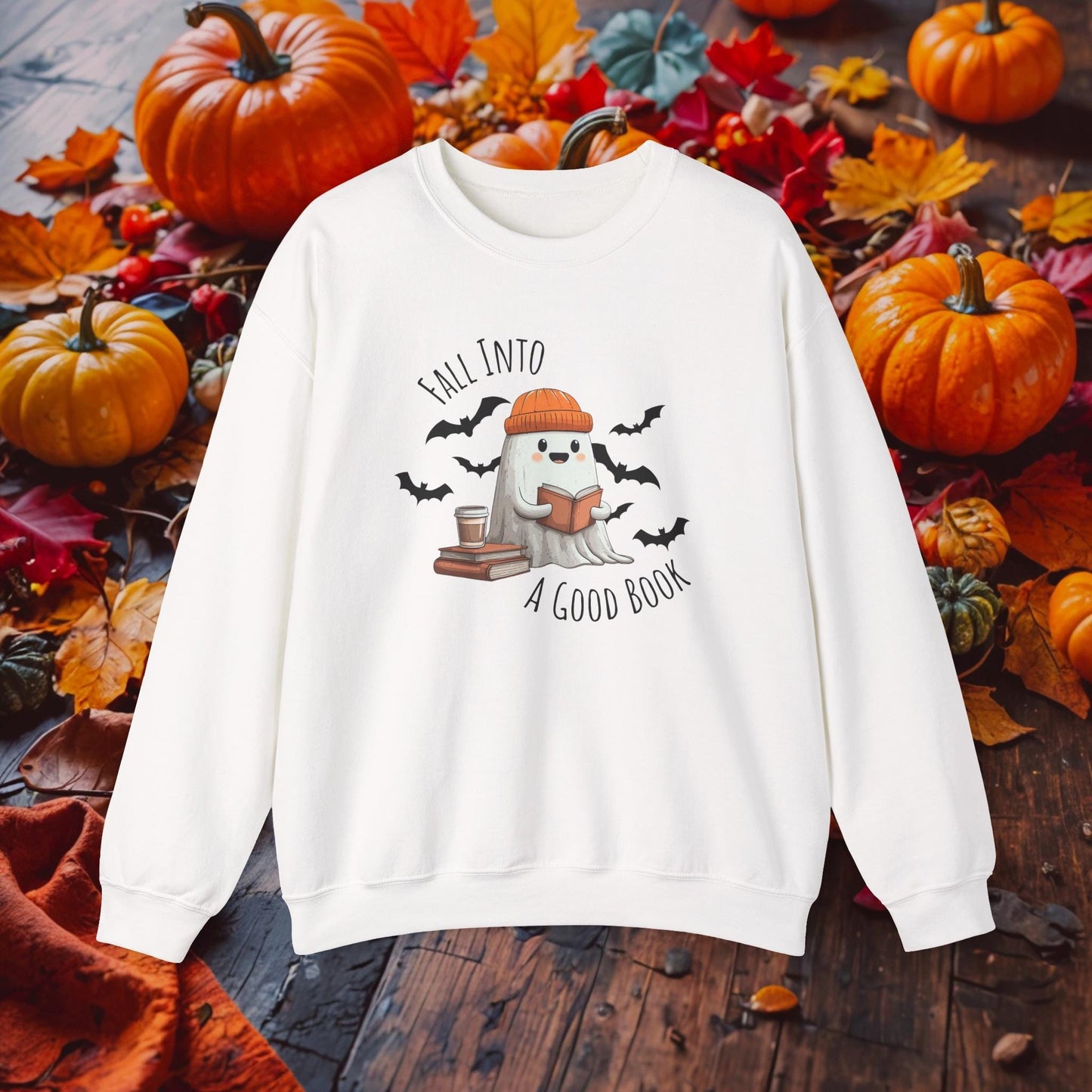 Fall Into A Good Book Halloween Ghost Reading Sweatshirt