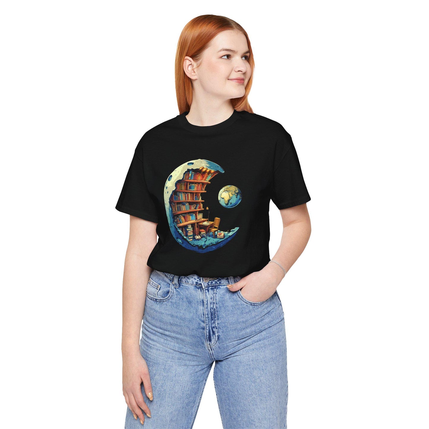 Person wearing a black t-shirt with a colorful graphic design on a white background
