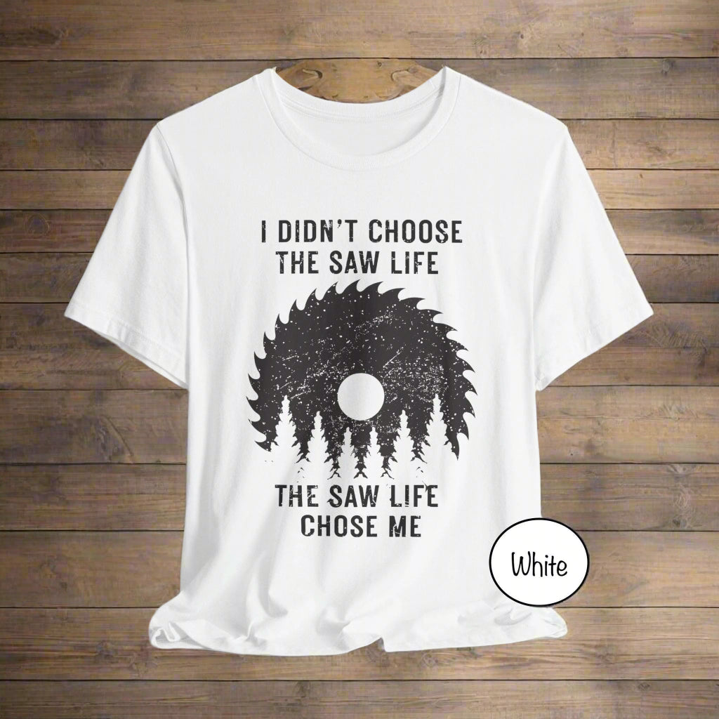 White t-shirt with black graphic and text on a white background