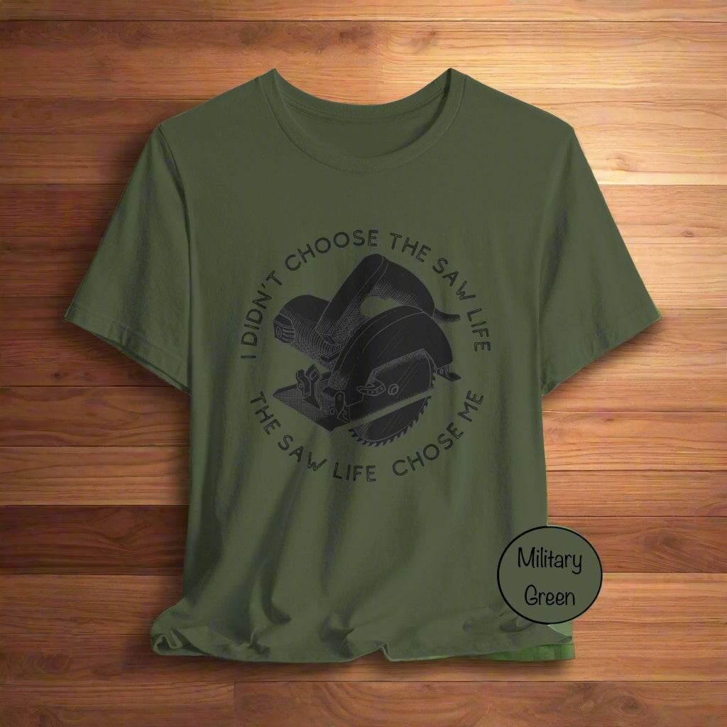 Green t-shirt with a graphic and text on a light gray background