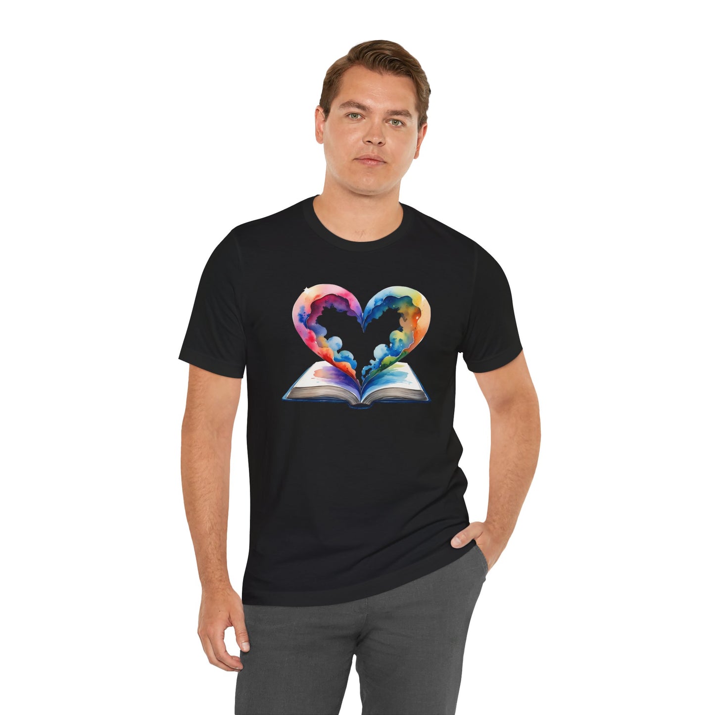 Colorful Book-Love Tee in Heart Shaped Watercolors with Space Cloud Vibes