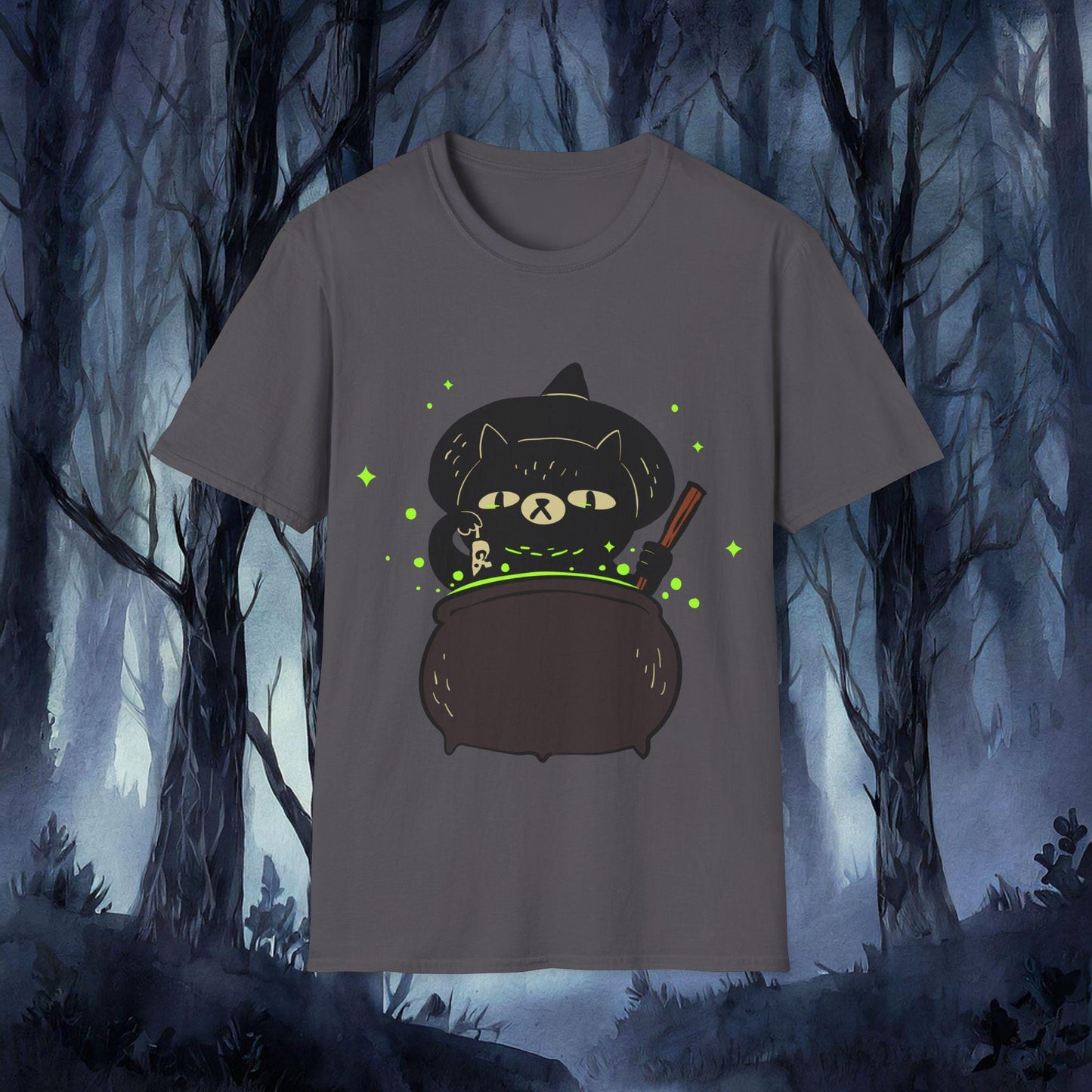 Gray t-shirt with a black cat in a witch hat and cauldron graphic against a dark forest background.