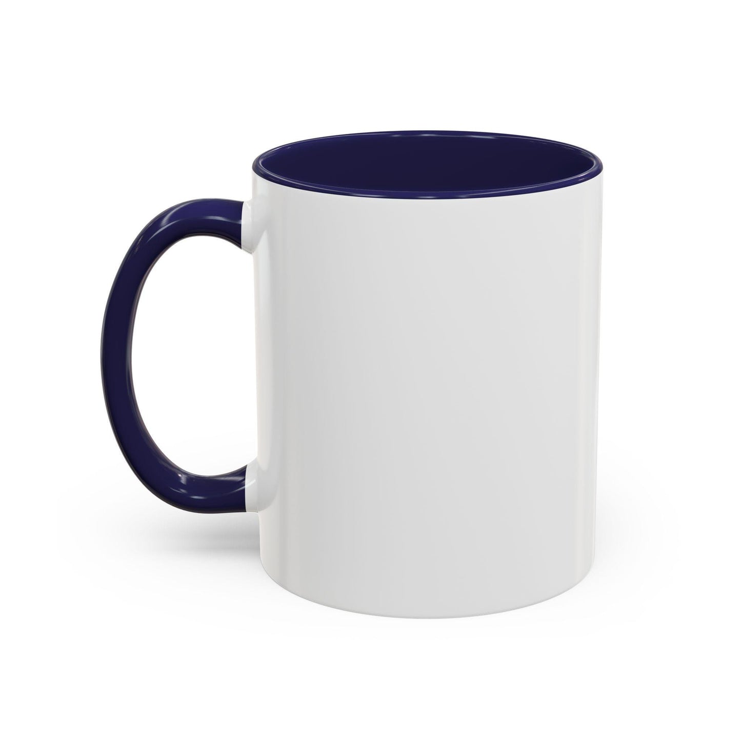 White mug with a navy blue handle and interior on a white background