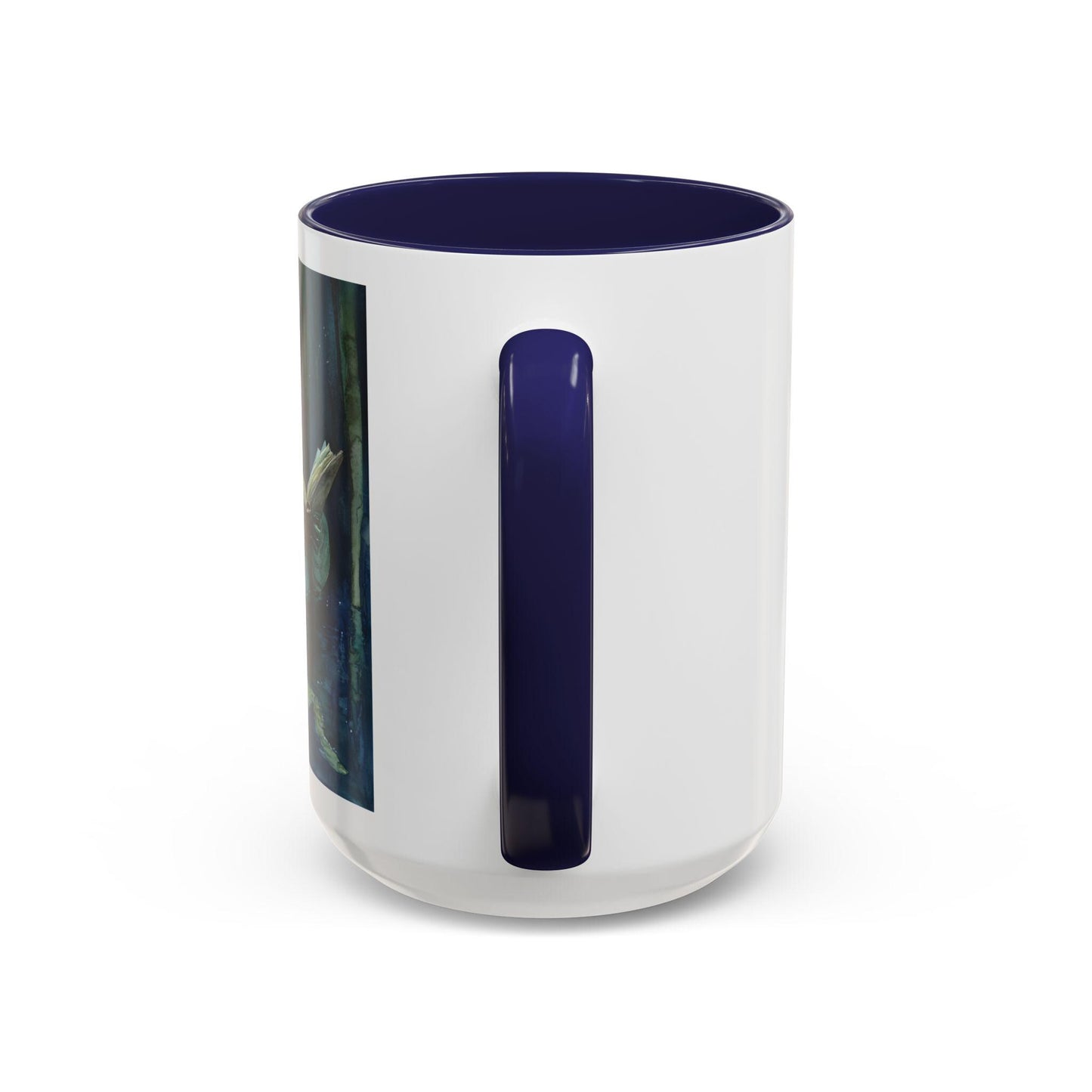 Silver mug with a blue handle and interior on a white background