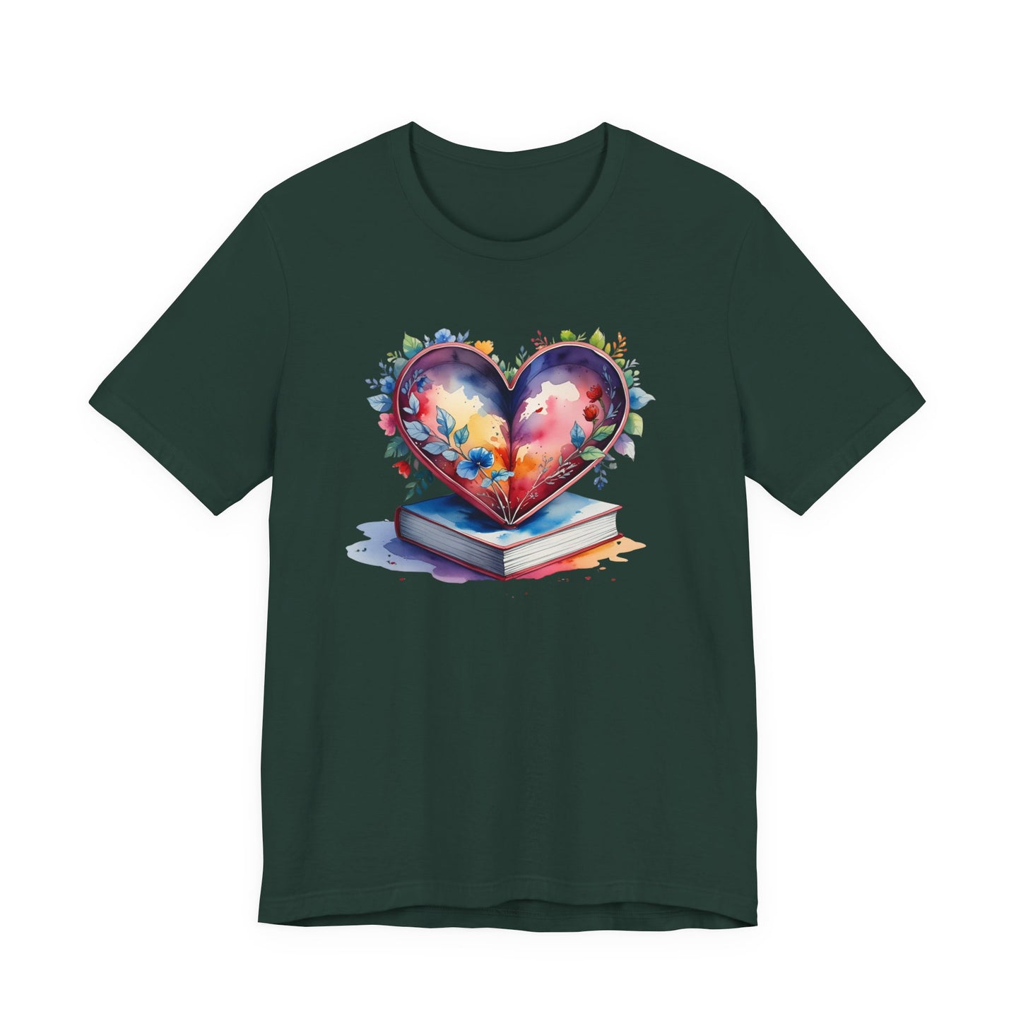 Colorful Floral Book-Love Tee With Watercolor Heart Design