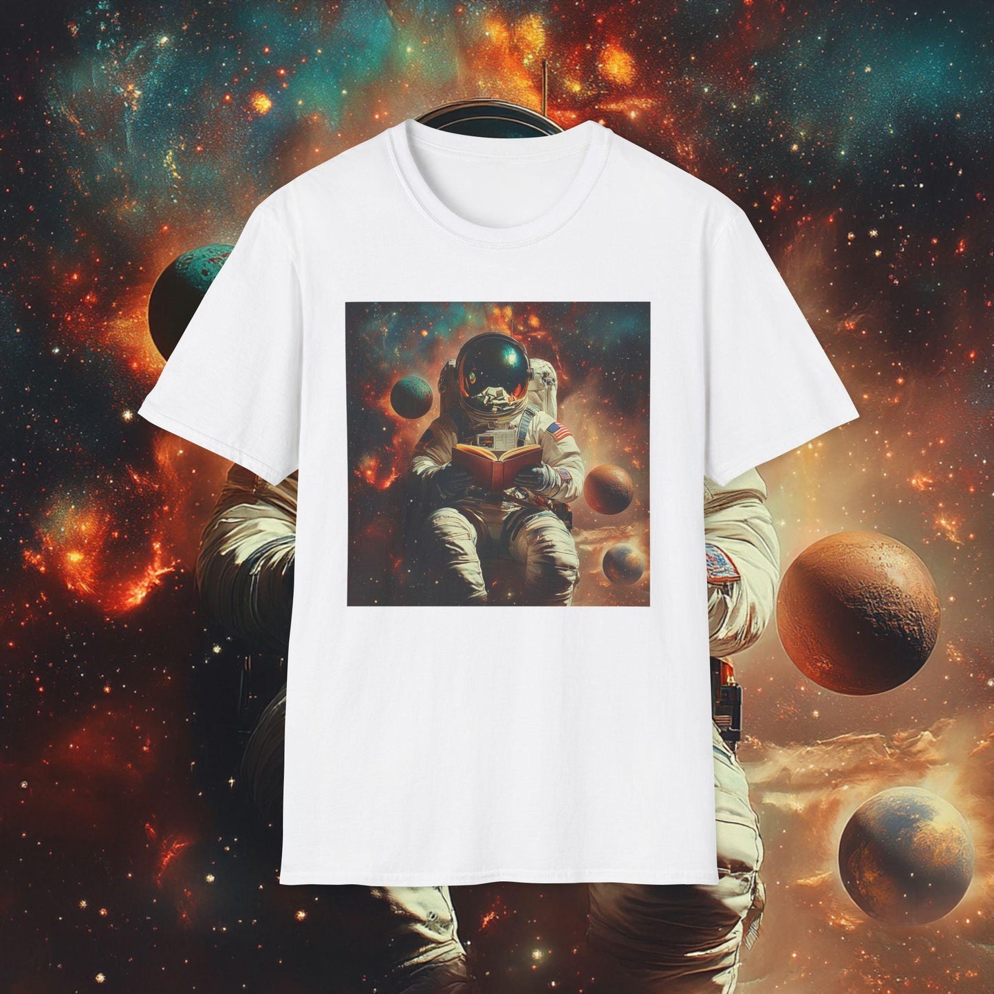 White t-shirt with an astronaut design on a space-themed background