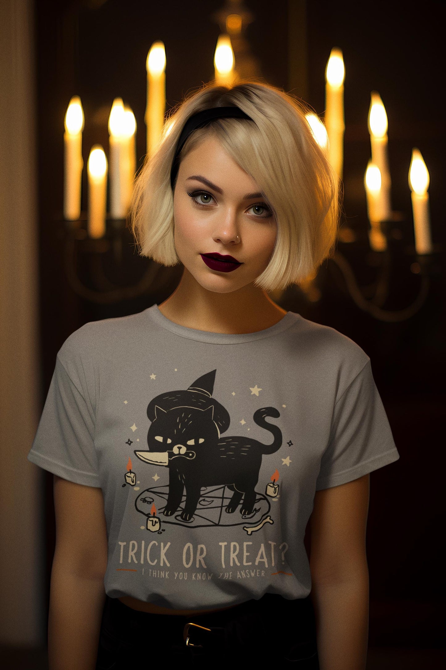 Funny Trick or Treat Black Cat Halloween T-shirt, Cute Animal shirt, Lazy Halloween Costume Idea for Cat Lovers, Spooky Sinister cat