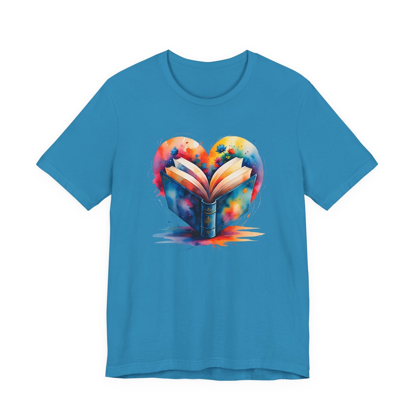 Blue t-shirt with a colorful heart design featuring a book on a white background