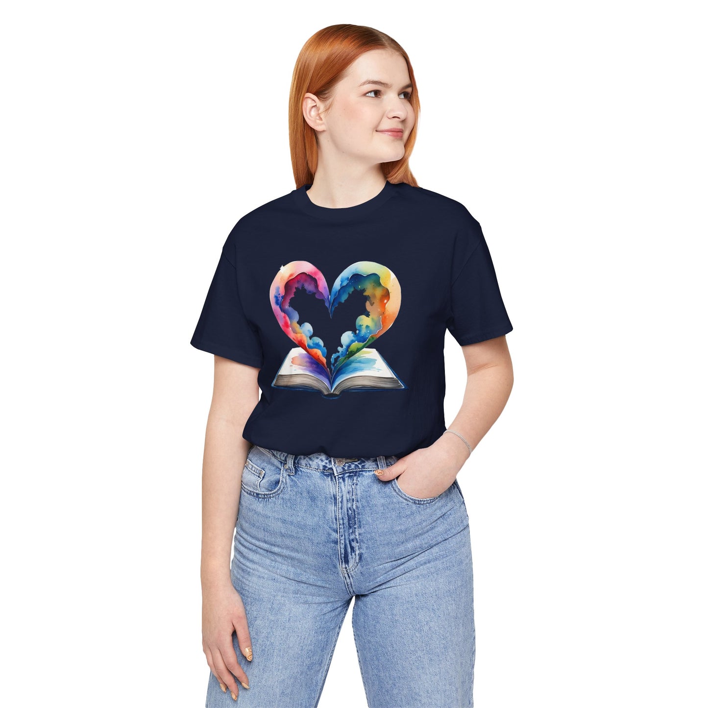 Colorful Book-Love Tee in Heart Shaped Watercolors with Space Cloud Vibes