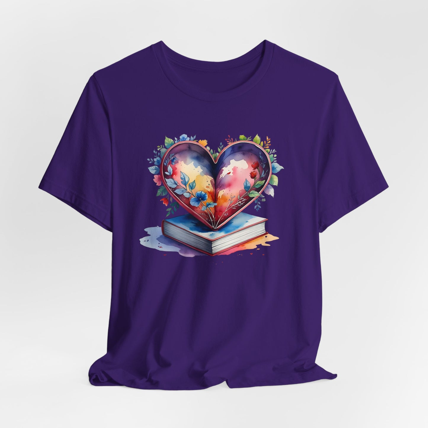 Colorful Floral Book-Love Tee With Watercolor Heart Design