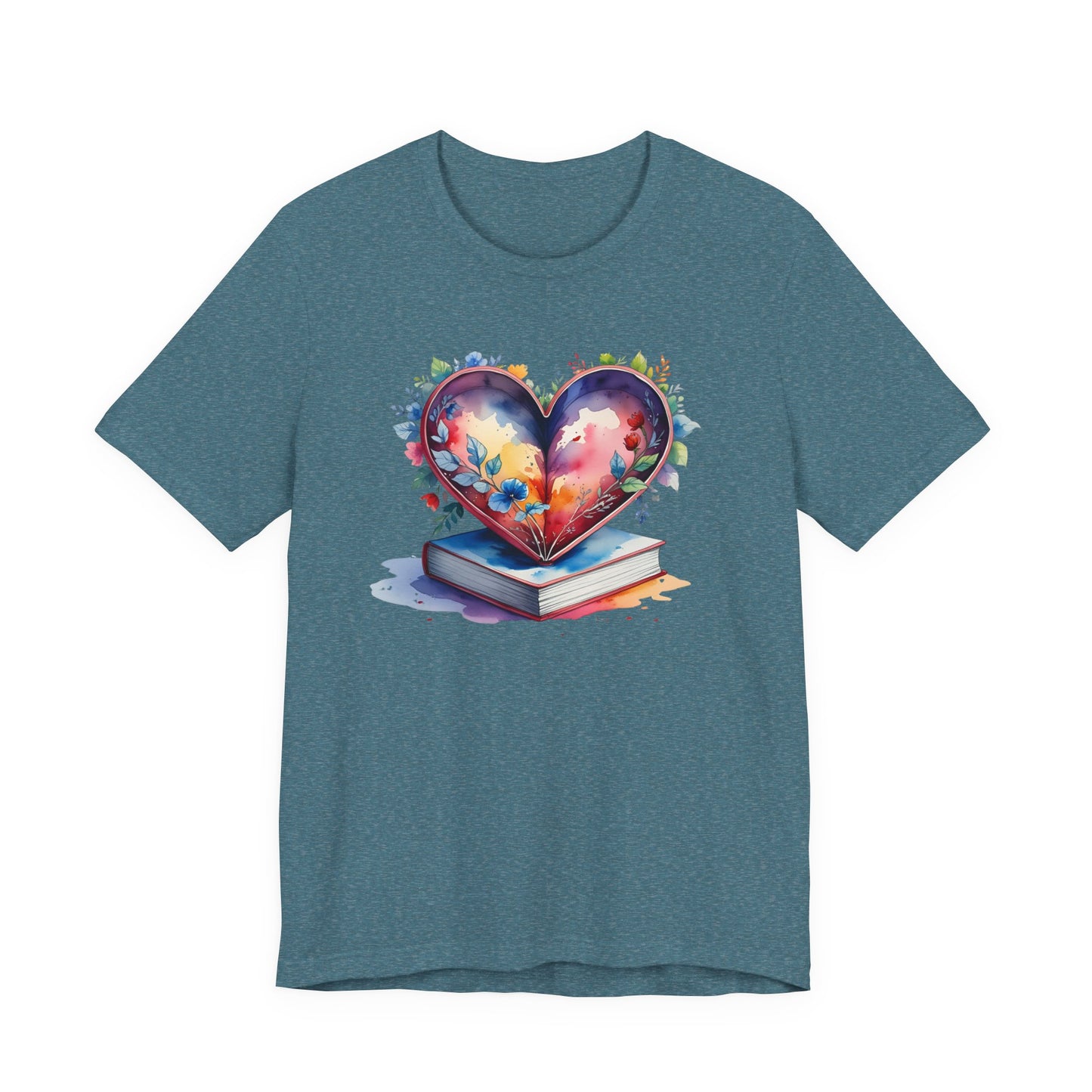 Colorful Floral Book-Love Tee With Watercolor Heart Design