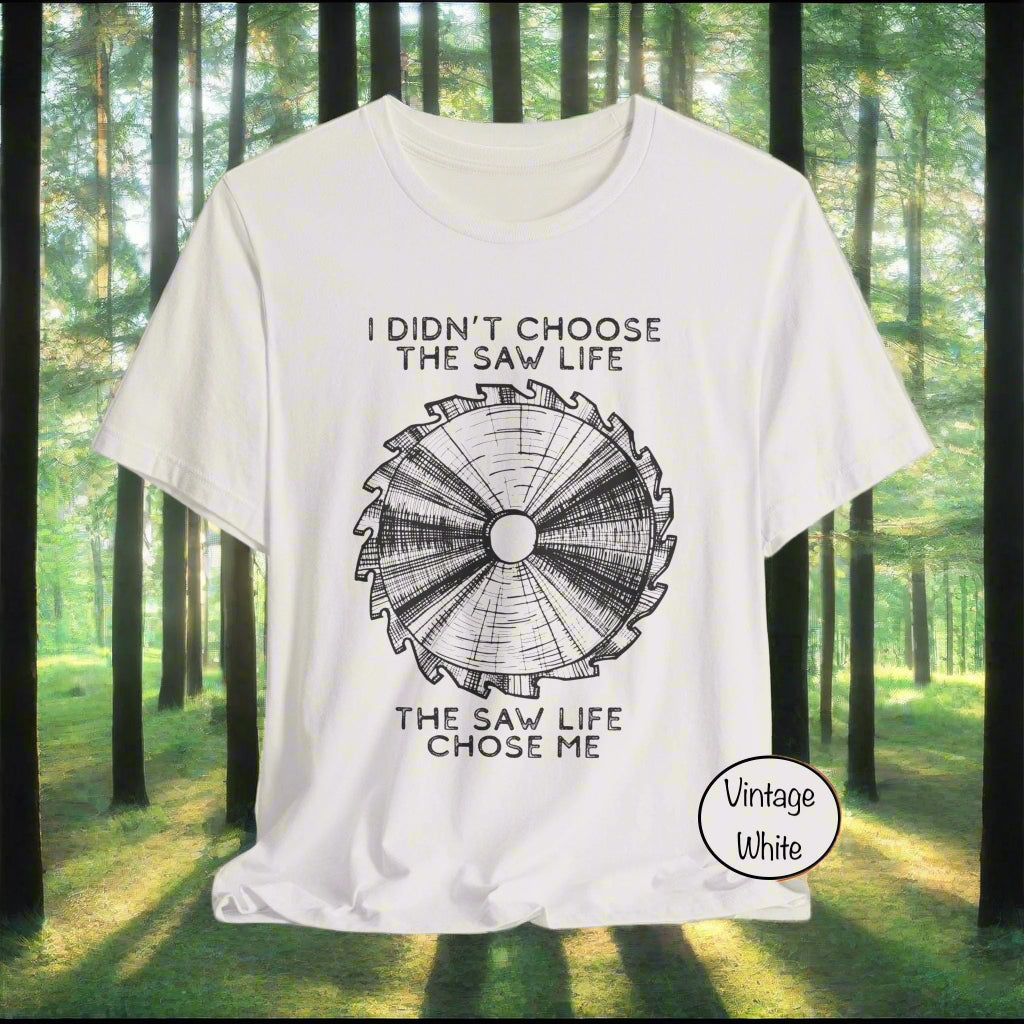 White t-shirt with black graphic and text on a white background