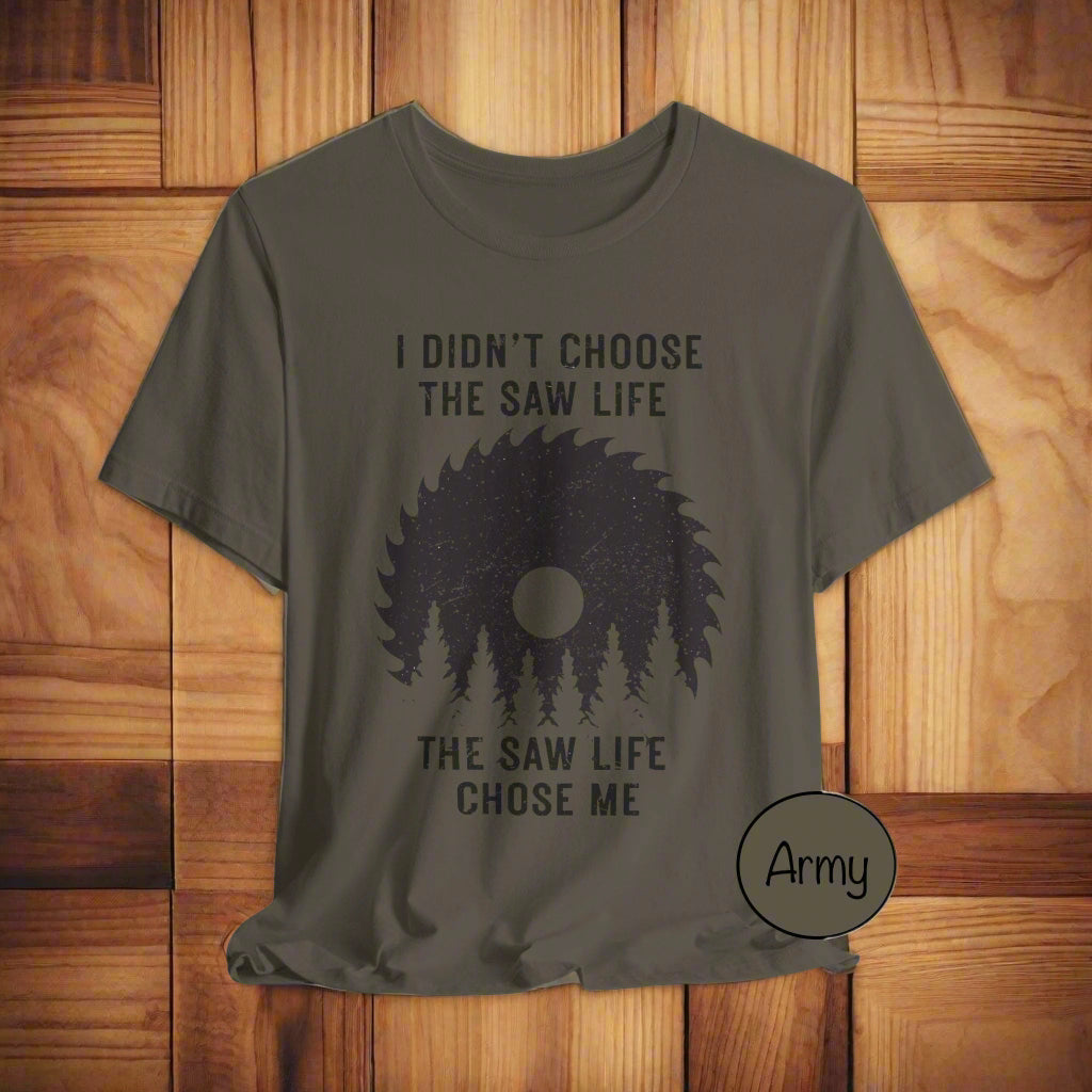 Army green t-shirt with graphic design and text on a light gray background