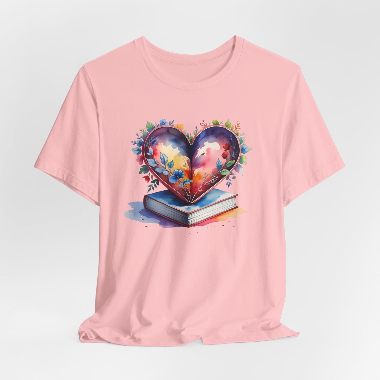Colorful Floral Book-Love Tee With Watercolor Heart Design