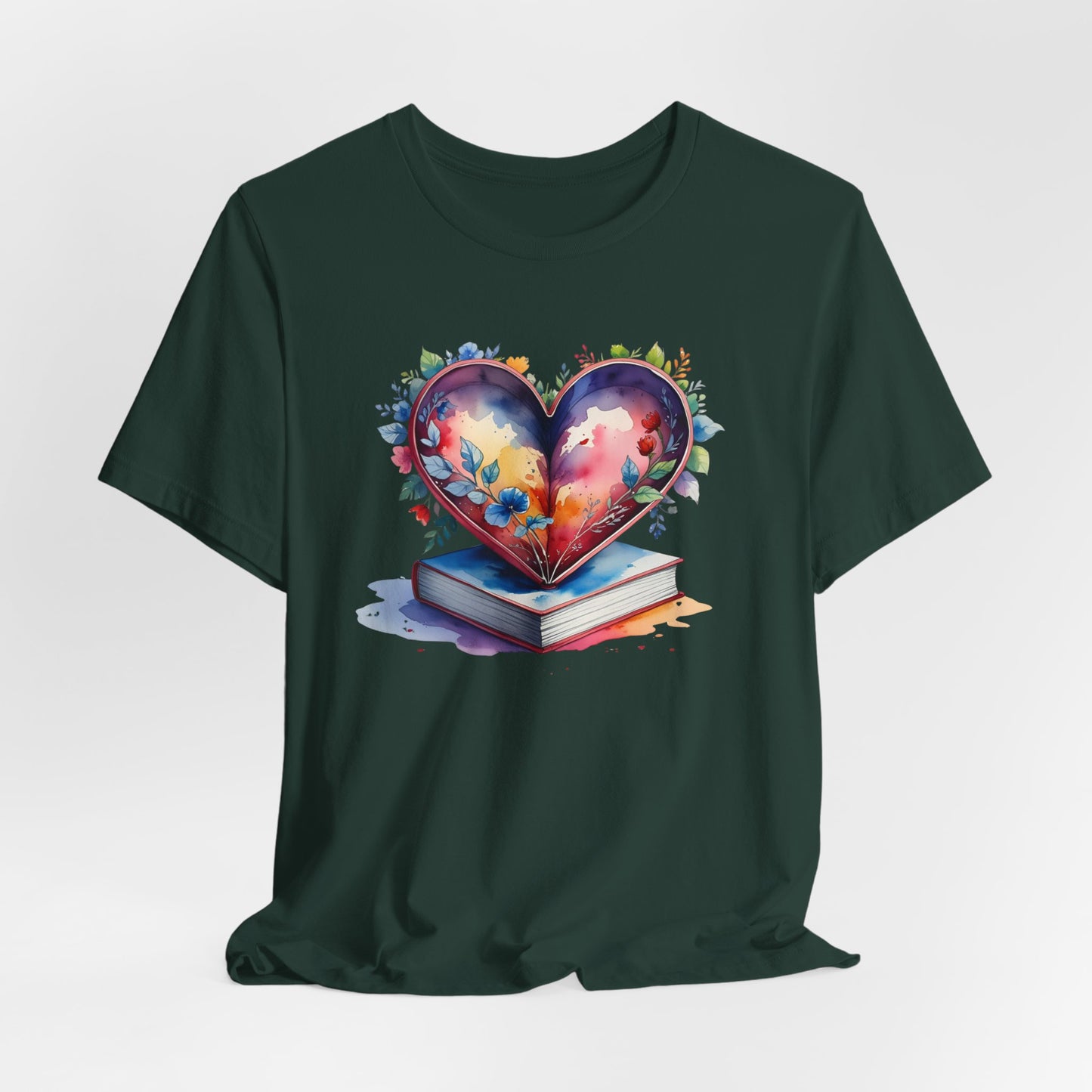 Colorful Floral Book-Love Tee With Watercolor Heart Design