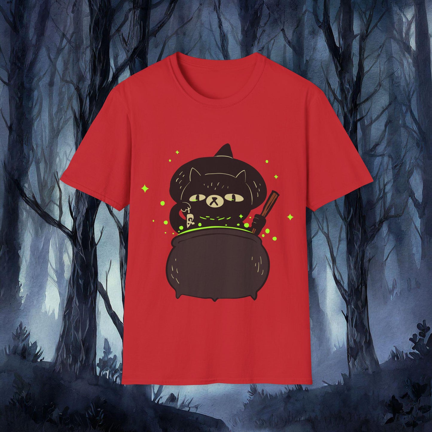 Red t-shirt with a black cat design in a forest setting