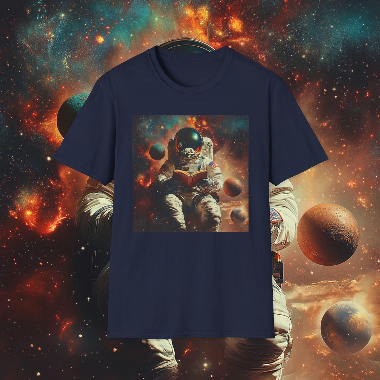 Navy blue t-shirt with an astronaut reading a book in space design against a cosmic background