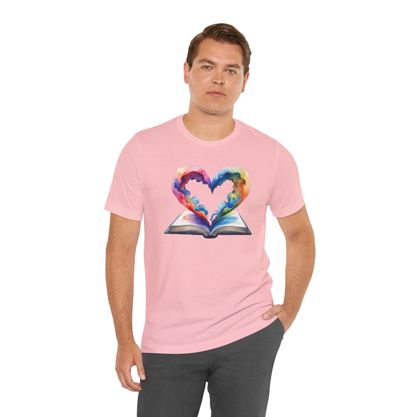 Colorful Book-Love Tee in Heart Shaped Watercolors with Space Cloud Vibes