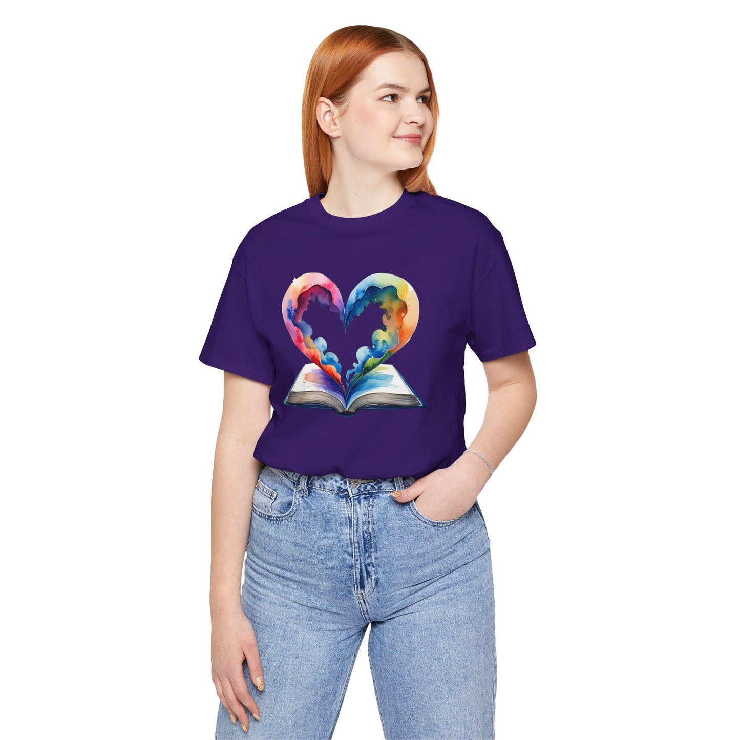 Colorful Book-Love Tee in Heart Shaped Watercolors with Space Cloud Vibes