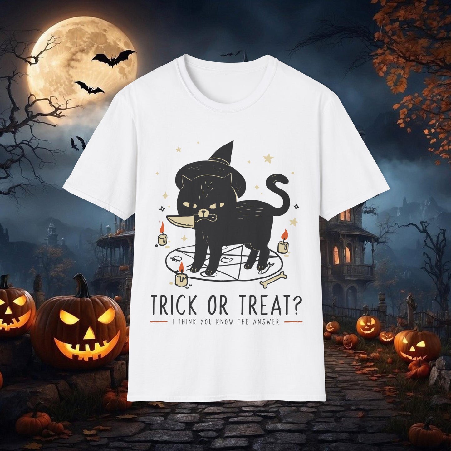 Funny Trick or Treat Black Cat Halloween T-shirt, Cute Animal shirt, Lazy Halloween Costume Idea for Cat Lovers, Spooky Sinister cat