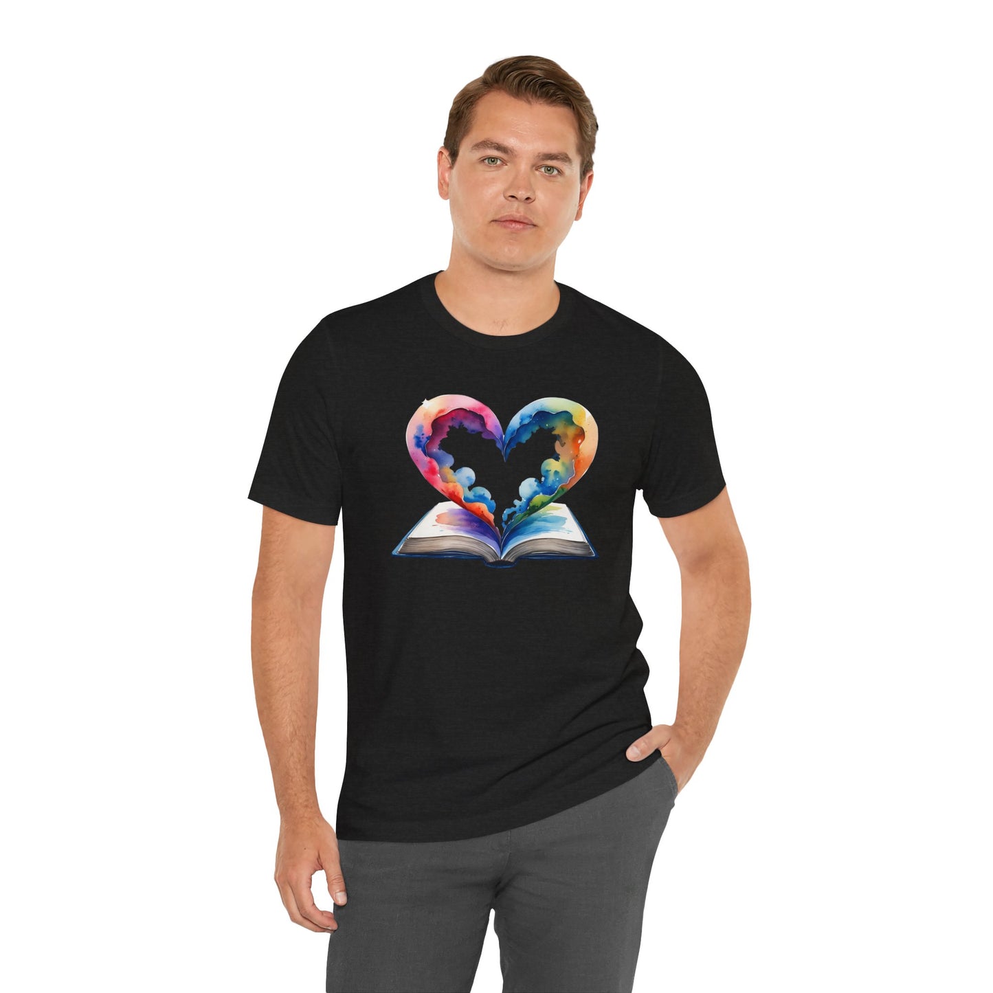 Colorful Book-Love Tee in Heart Shaped Watercolors with Space Cloud Vibes