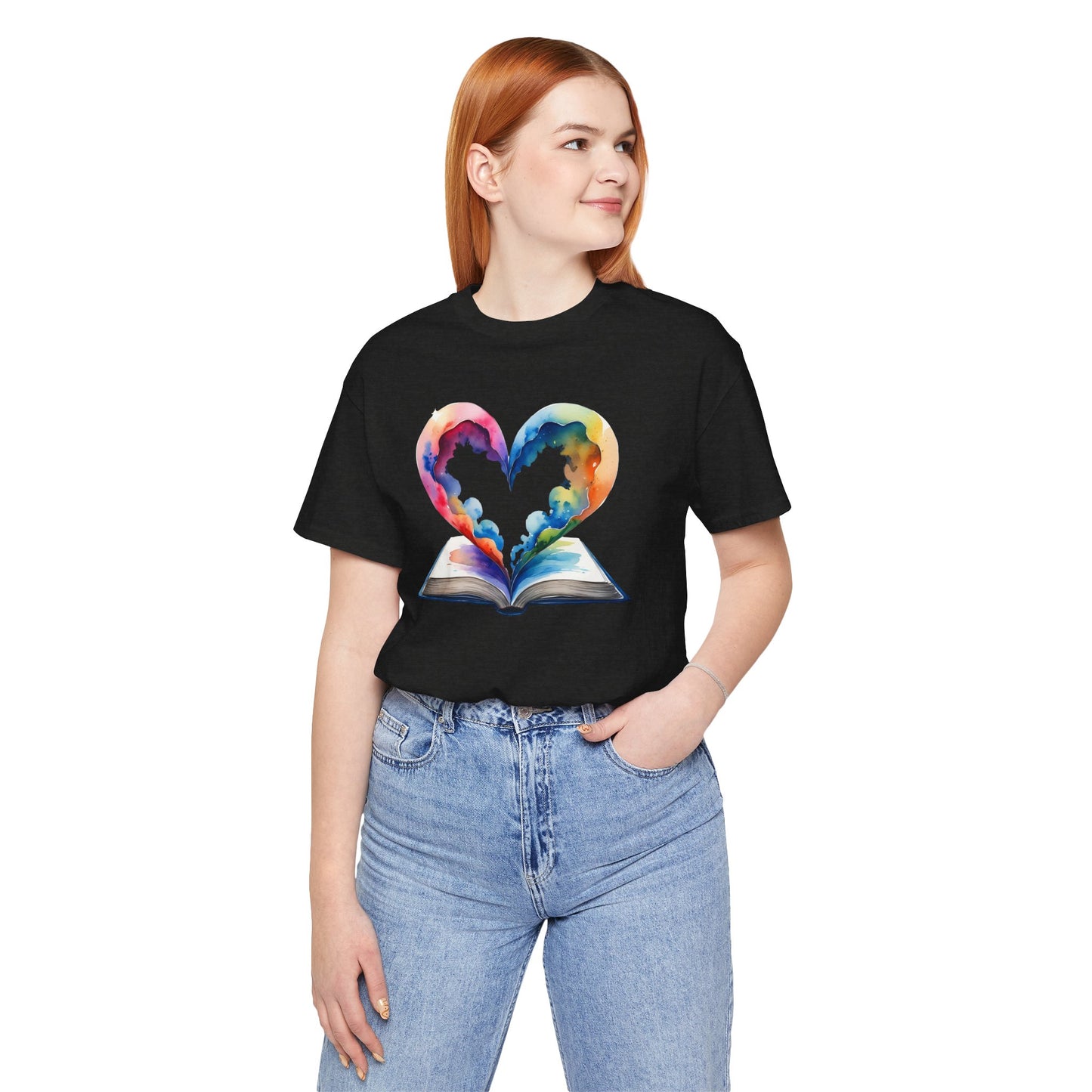 Colorful Book-Love Tee in Heart Shaped Watercolors with Space Cloud Vibes