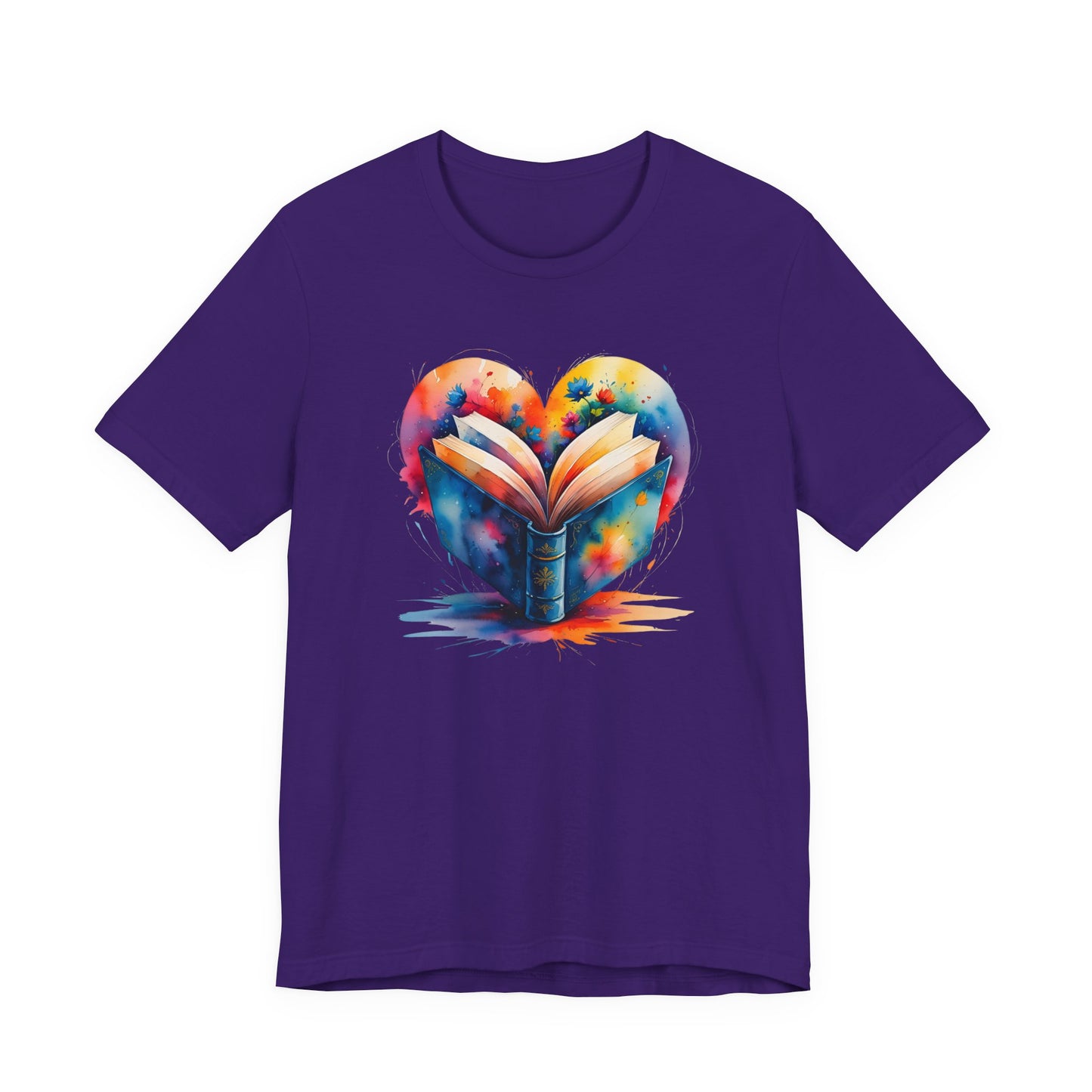 Purple t-shirt with a colorful heart design featuring an open book on a white background