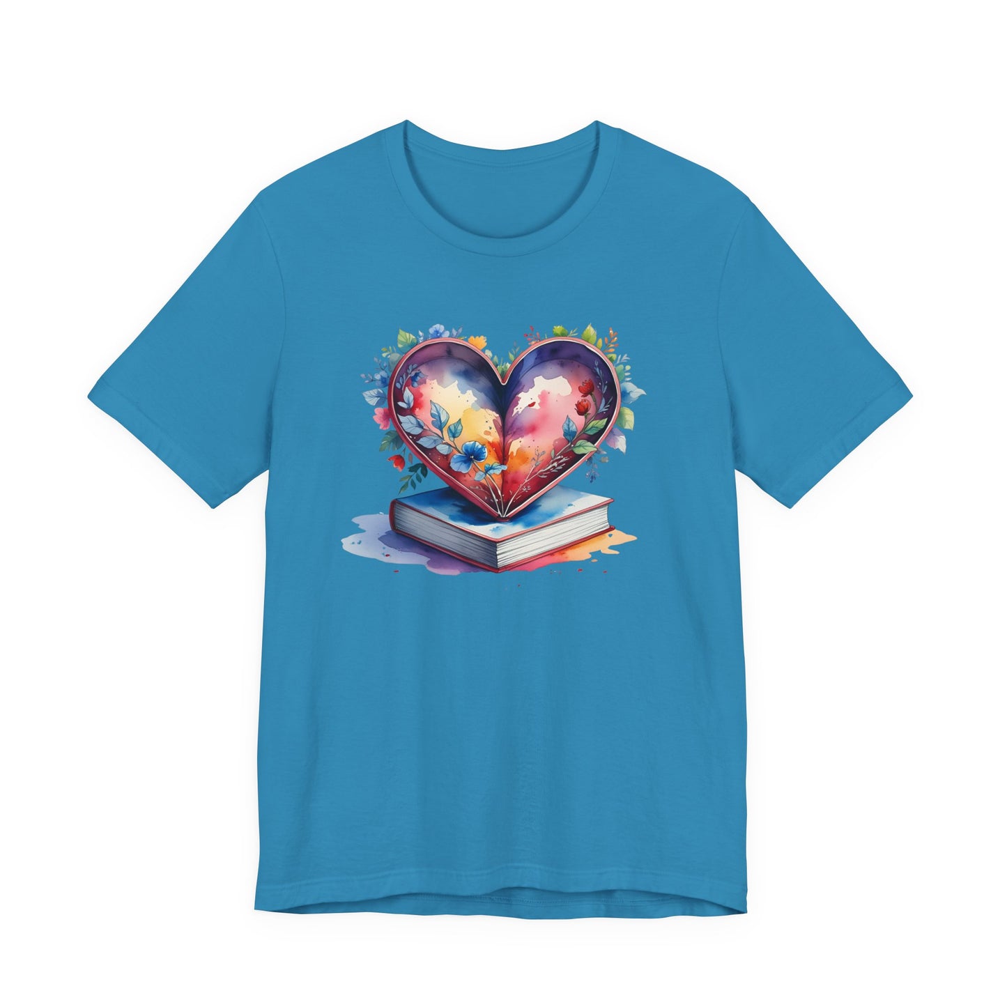 Colorful Floral Book-Love Tee With Watercolor Heart Design