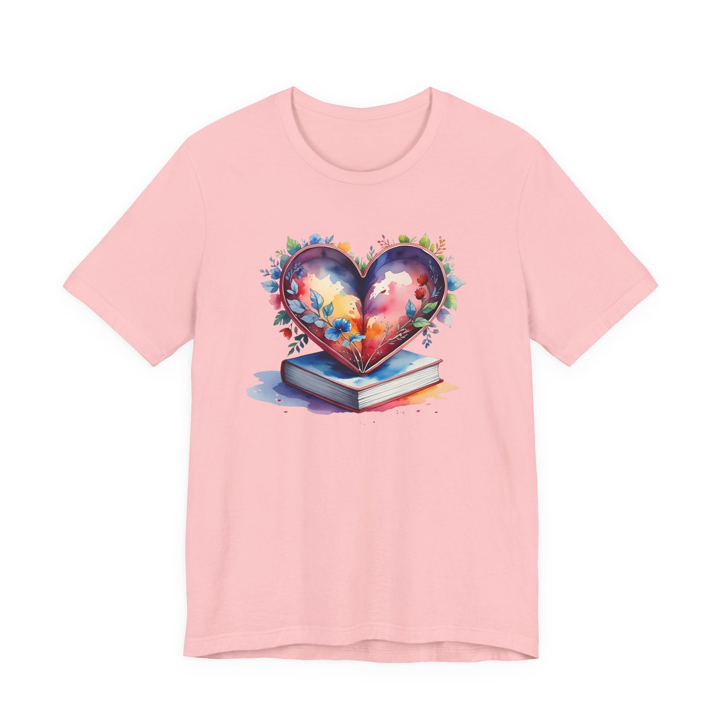 Colorful Floral Book-Love Tee With Watercolor Heart Design