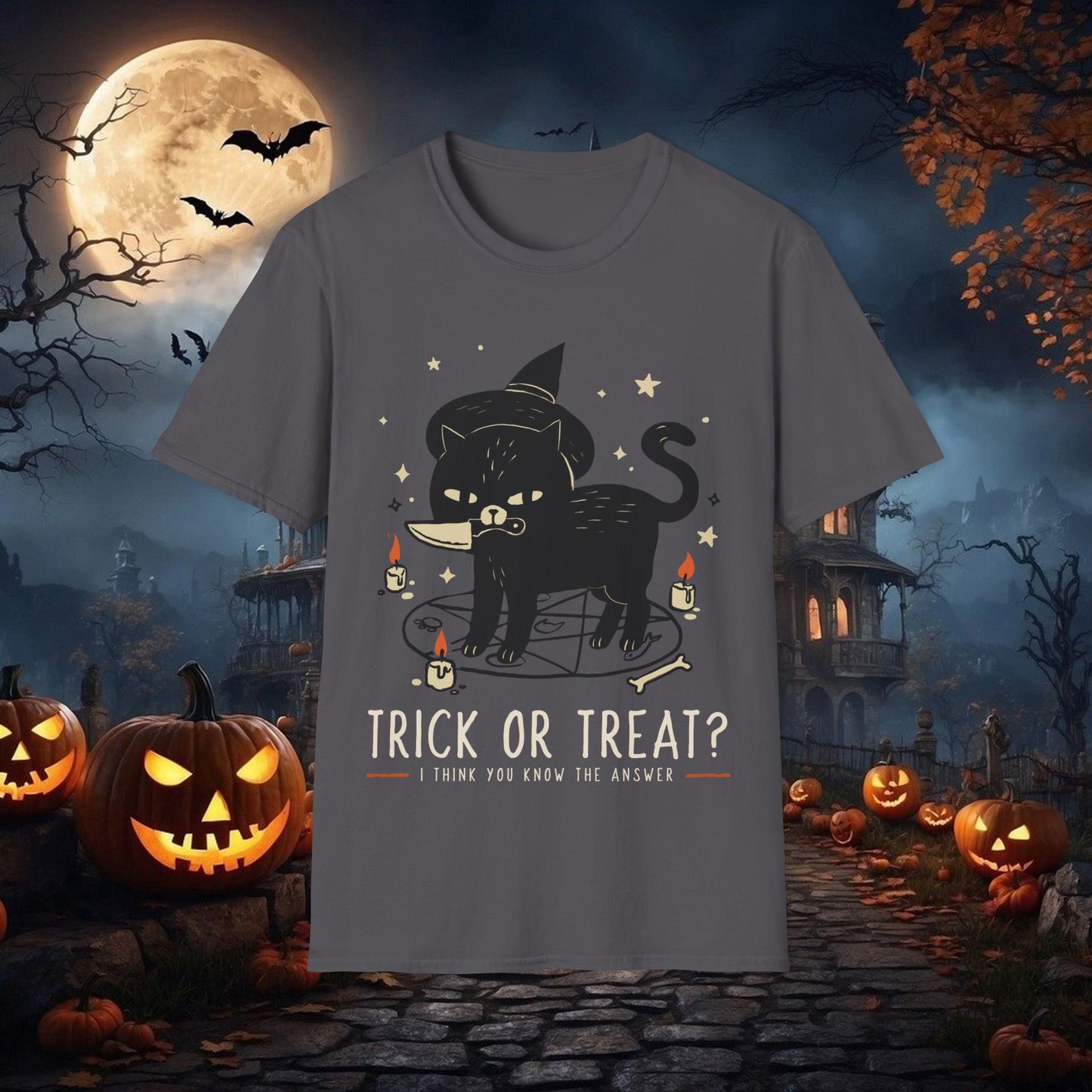 Funny Trick or Treat Black Cat Halloween T-shirt, Cute Animal shirt, Lazy Halloween Costume Idea for Cat Lovers, Spooky Sinister cat